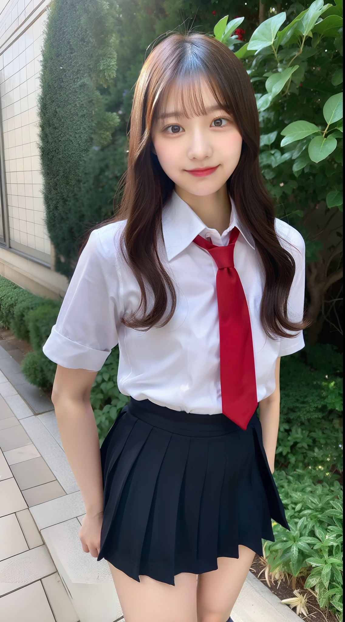 High school girl 18 years old in shirt and miniskirt with red tie