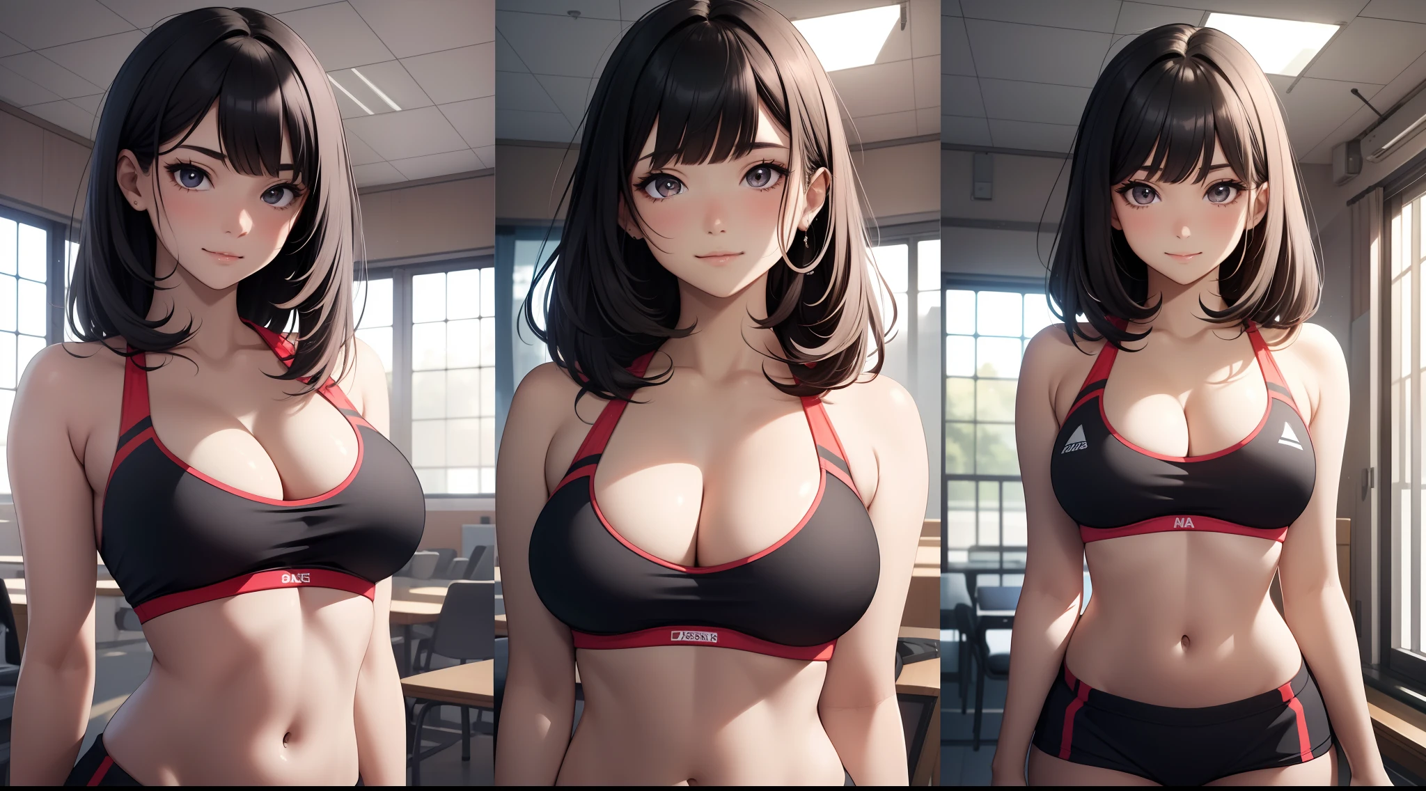 (Best quality:1.1), (Masterpiece:1.2), 5 girls，track suit，are standing，Highqualityshadow, Beautiful detailed, Beautiful face, Detailed eyes,Depth of field, A high resolution, Best shadow, Best illumination, Kizi, view the viewer, （Five-color hair:1.3)，Brush cut，extra very short hair, Blunt bangs, Long hair, Black eyes, Shy, Large breasts, Miniskirt, Volleyball hall，inside in room，Exercise posture， Sunburn，Boo marker，cleavage，looks into camera，ssmile，closeup cleavage，Superskirt