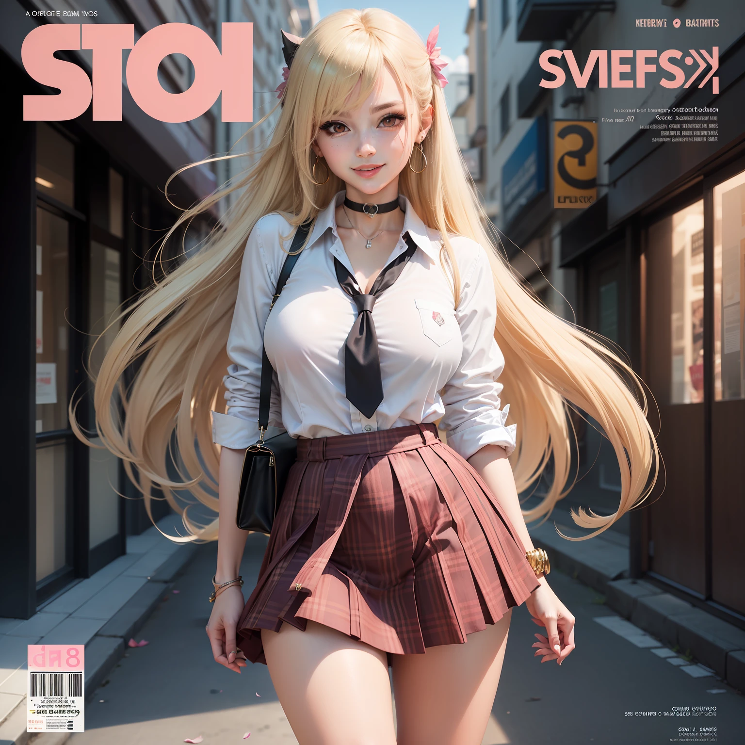 masterpiece, best quality, full body, 1girl, bangs, black choker, black necktie, blonde hair, blue skirt, blush, bracelet, breasts, choker, clothes around waist, collarbone, collared shirt, cowboy shot, dress shirt, ear piercing, eyebrows visible through hair, gradient hair, grin, gyaru, jewelry, kogal, long hair, looking at viewer, loose necktie, necktie, piercing, plaid, plaid skirt, pleated skirt, red eyes, ring, school uniform, shirt, skirt, smile, solo, white shirt, street, sky, cherry blossoms, petals,illustration, (magazine:1.3), (cover-style:1.3), fashionable, woman, vibrant, outfit, posing, front, colorful, dynamic, background, elements, confident, expression, holding, statement, accessory, majestic, coiled, around, touch, scene, text, cover, bold, attention-grabbing, title, stylish, font, catchy, headline, larger, striking, modern, trendy, focus, fashion,