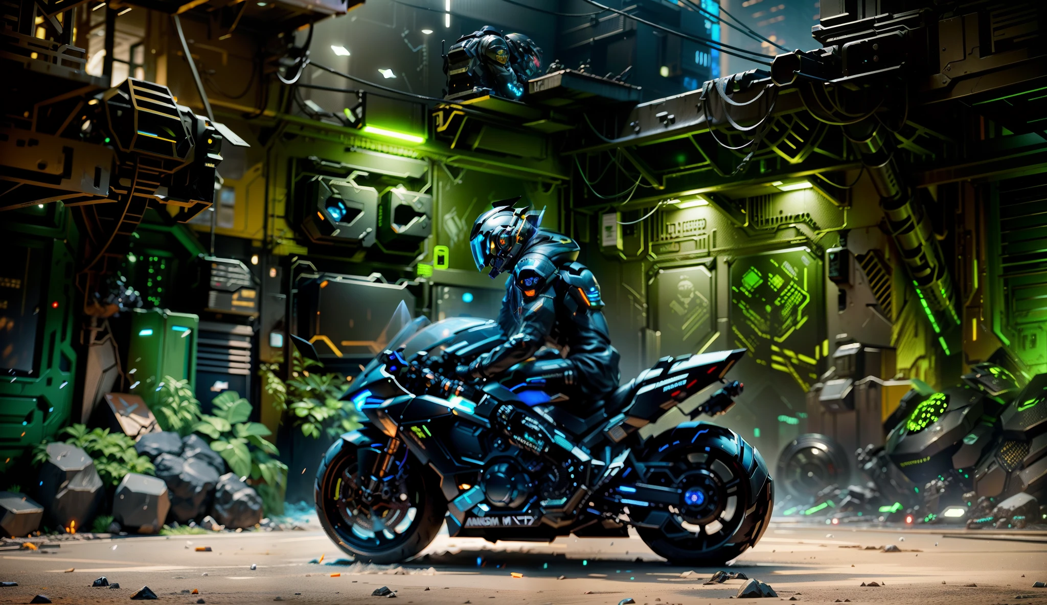 Cyberpunk environment，of a guy，A humanoid robot man made of a sci-fi metal panel wearing a tech costume，Wearing a high-tech helmet，Black metallic painted motorcycle，Silver metal helmet，hard surface concept art，rendering by octane，ultra - detailed，artstation, zbrush, cgsociety, 8