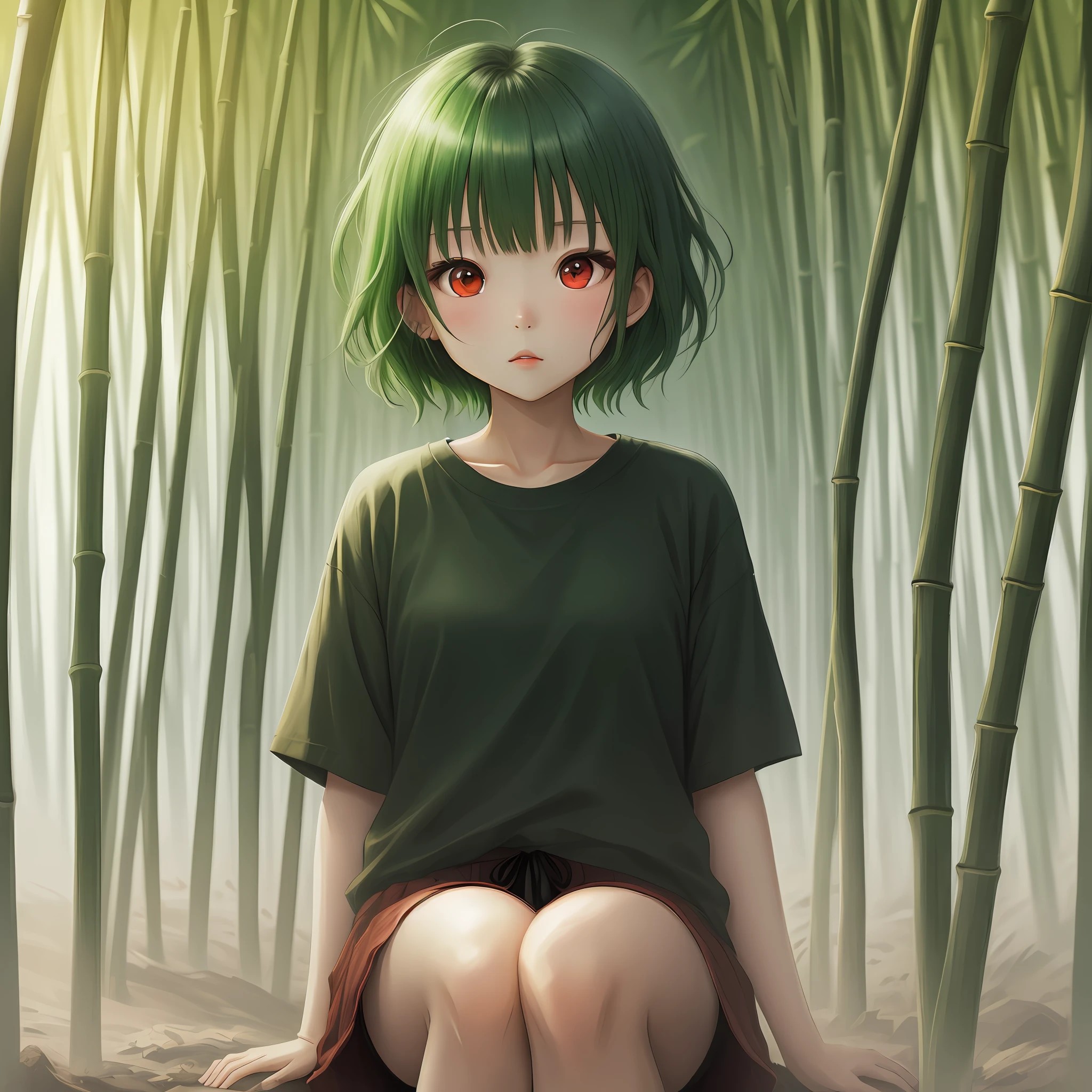 Bamboo forest girl red eyes short hair green hair red ribbon