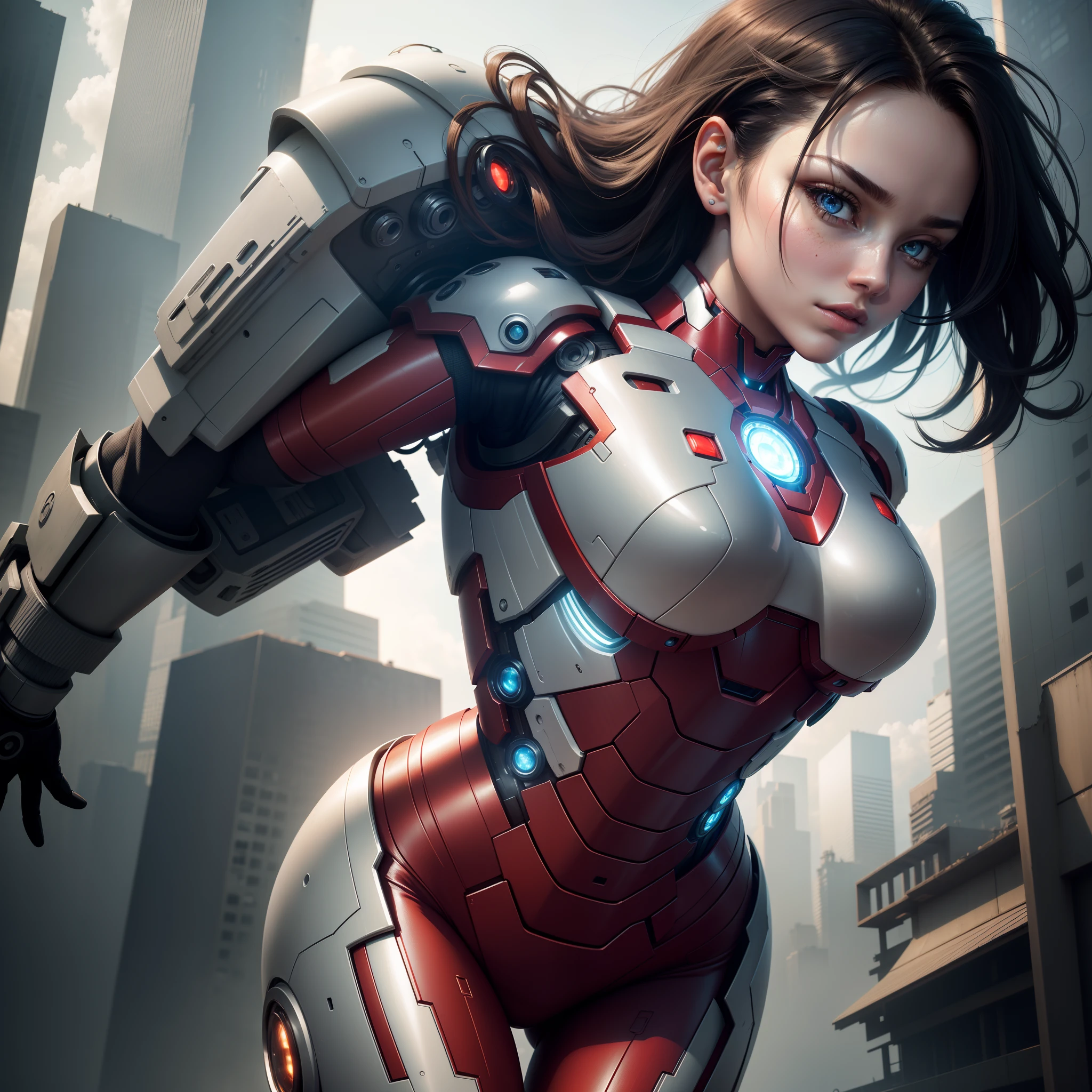 RAW, Masterpiece, Ultra Fine Photo,, Best Quality, Ultra High Resolution, Photorealistic, Sunlight, Full Body Portrait, Stunningly Beautiful,, Dynamic Poses, Delicate Face, Vibrant Eyes, (Side View) , she is wearing a futuristic Iron Man mech, very detailed background, detailed face, detailed busy background, messy, gorgeous, milky, high detailed skin, realistic skin details, visible pores, sharp focus, volume Fog, 8k uhd, dslr, high quality, film grain, fair skin, photorealism, lomography, sprawling metropolis in a futuristic dystopia, view from below, translucent