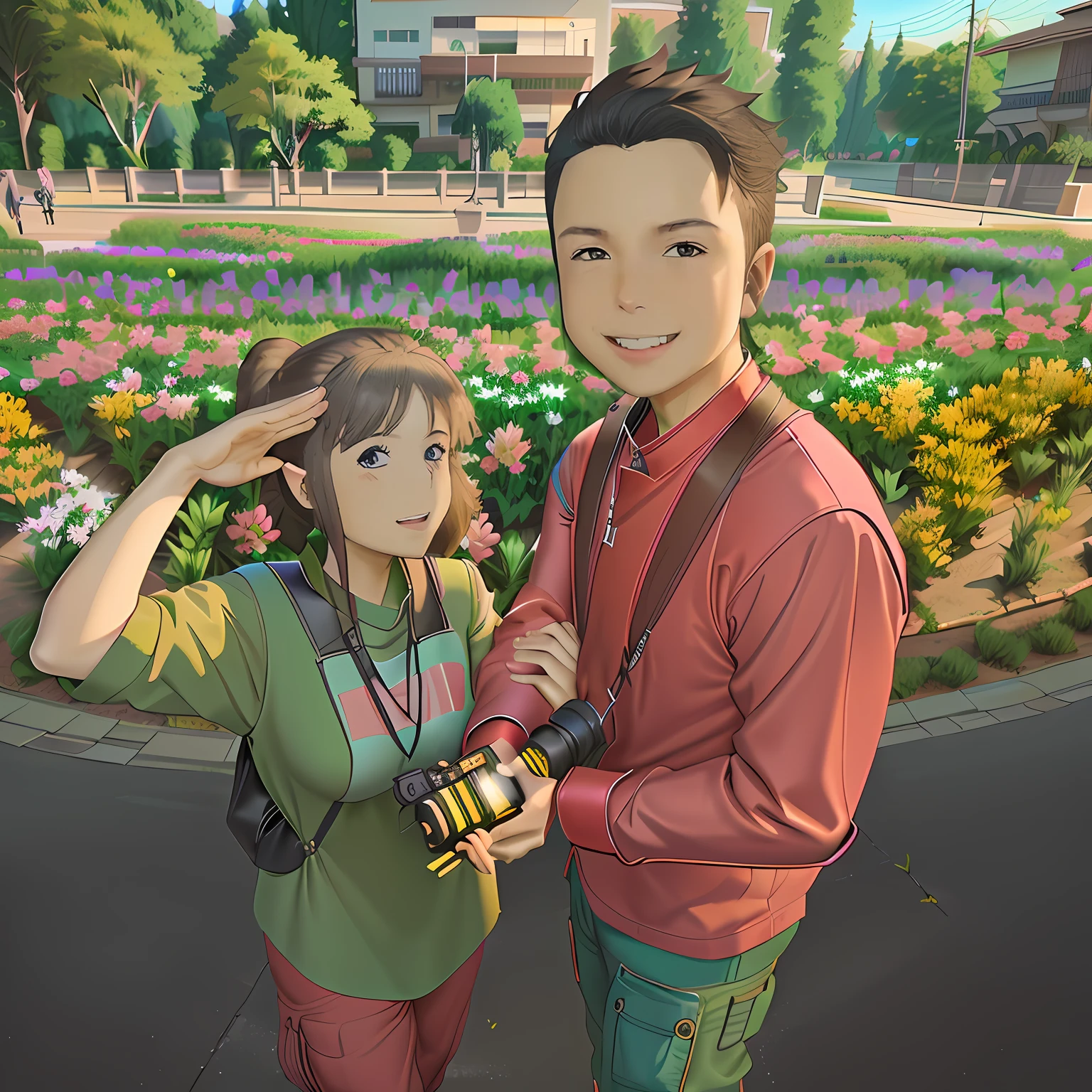 they are posing for a picture in front of a flower garden,The boy wears a white shirt and blue jeans, the girl wears a black t-shirt and white pants, the girl wears glasses, the girl wears a cap, shot on nikon z9,anime style, smile on their faces