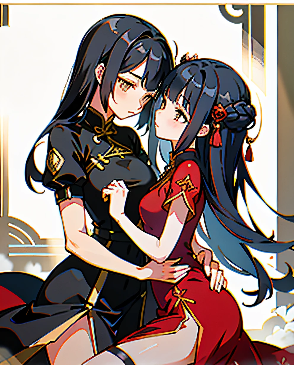 absurd res, high res, (masterpiece:1.4), ultra-detailed, 1girl, from front, corridor, slit leg dress, red Chinese dress, red dress, black stockings, black hair, yellow eyes, 2girls kissing, 2 girl, yuri, sisters,