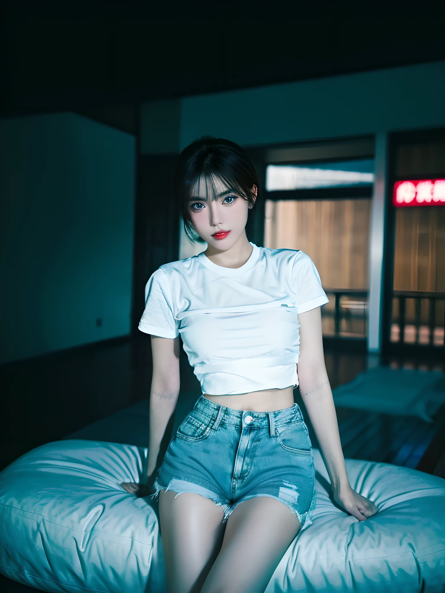1girl, short black hair, blue eyes, wearing plain white shirt, denim shorts, city, tokyo, neons, absurdres, high res, ultrasharp, 8K, masterpiece, looking at viewer