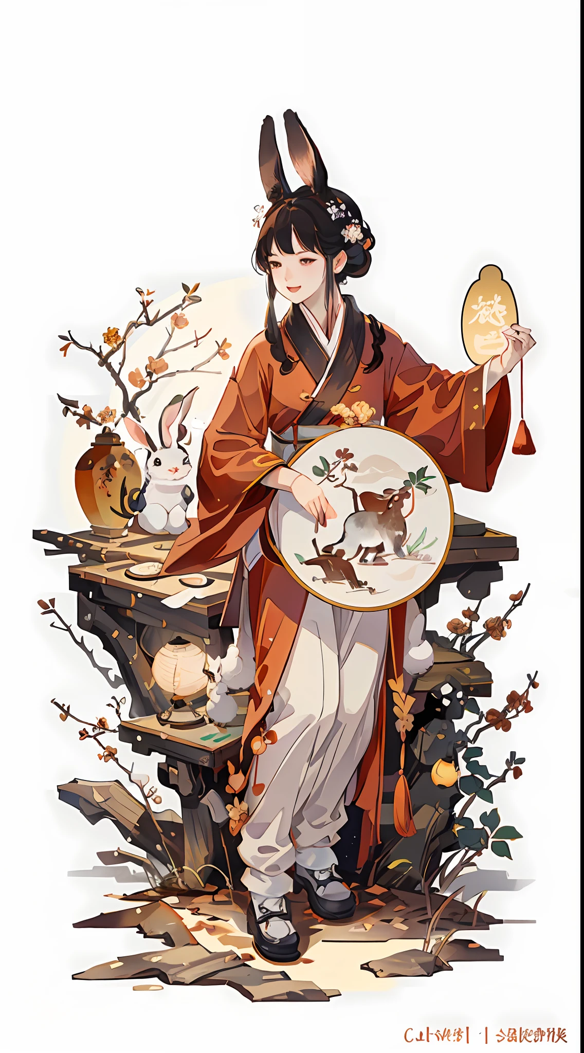 (A rabbit:1.4), sat on the ground, Looking up, Mid-Autumn Festival atmosphere, Chinese Traditional illustration style, Digital art, Simple background, Masterpiece on white background, Best quality, Ultra-detailed, High quality, 4K