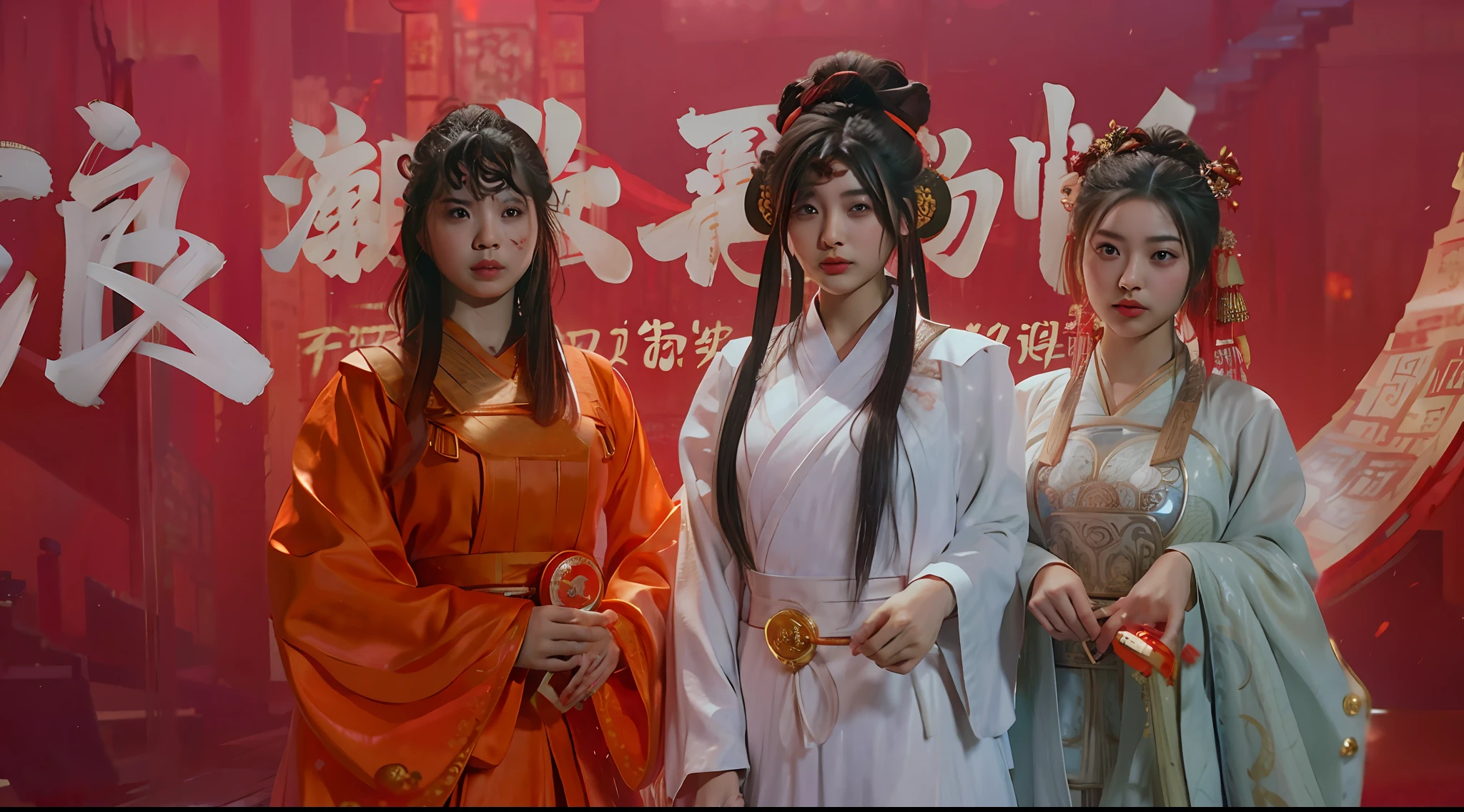Three women dressed in traditional Chinese costumes stand by the red wall, Wearing ancient Chinese clothes, Hanfu, Chinese costume, Red robes, Traditional Chinese clothing, flowing hair and long robes, with acient chinese clothes, in red robes, Wearing a red cheongsam, White Hanfu, Chinese style, robes with golden characters, Anime cosplay, cosplay award winner