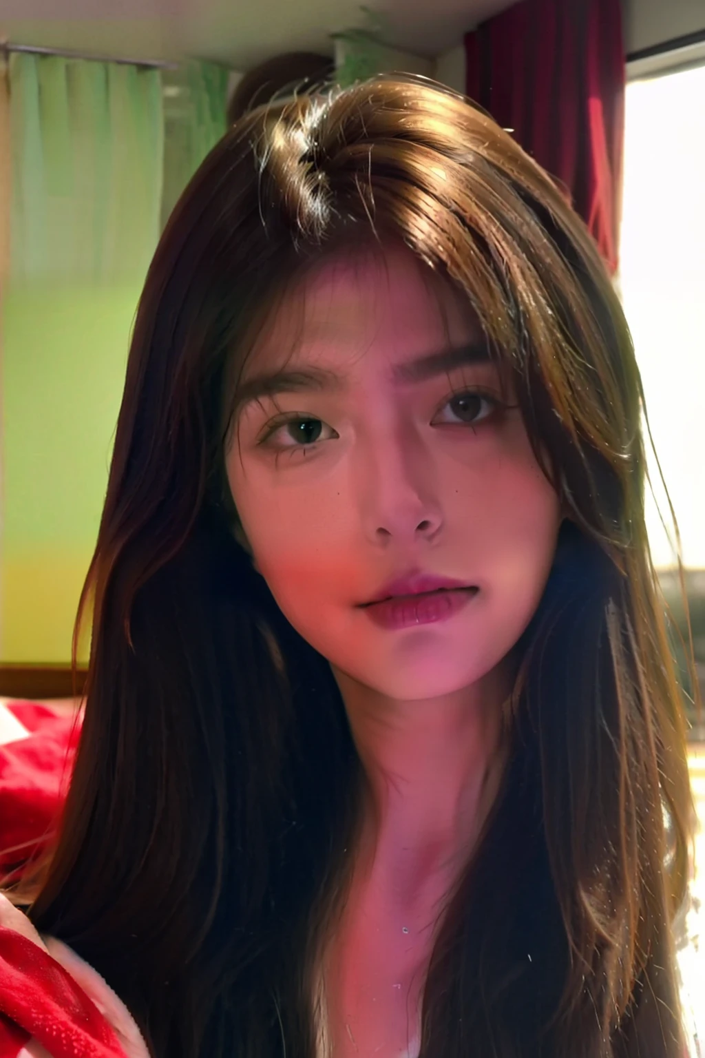 high qulity,A masterpice,photorealestic,Realistis,18-year-old girl lying in bed,long whitr hair,brunette color hair