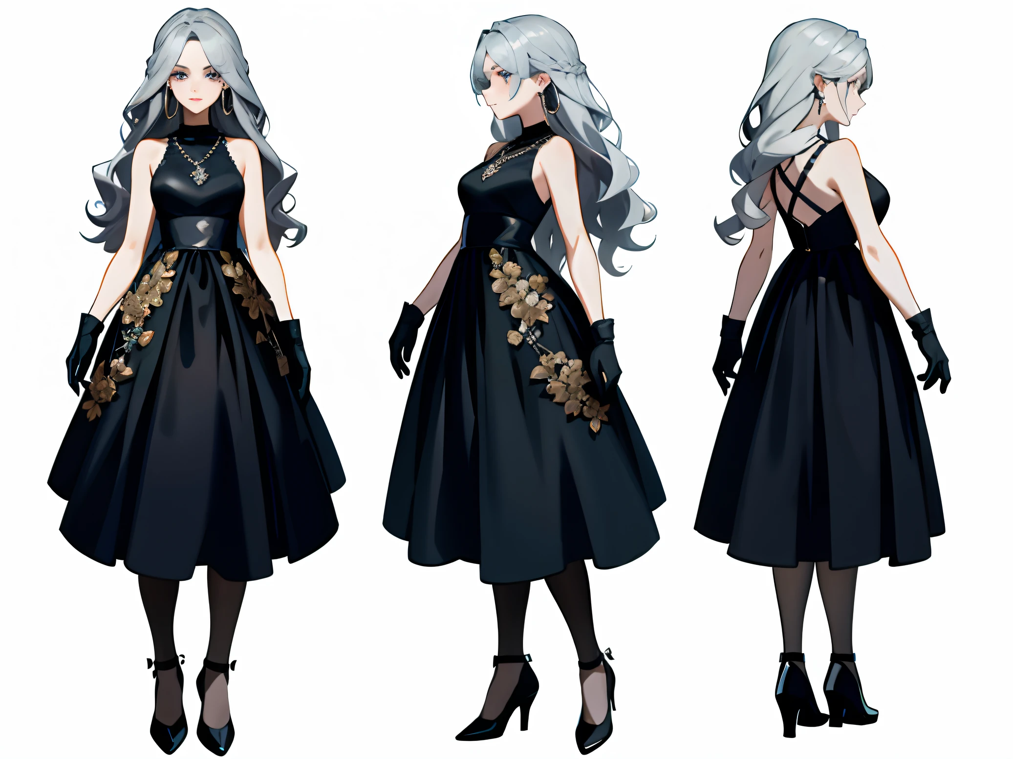 Masterpiece: 1.6, best quality: 1.4, live image: 1.2, intricate details: 1.2, charturnerv2: 1.2, 1lady full body character change,
Appearance: milf: 1.25, thin: 1.3, light blue eyes, medium breasts, detailed eyes, quality eyes,
Clothing: black sleeveless dress, black gloves
Accessories: simple hoop earrings, black necklace, small flowers in the hair,
Hair: silver hair, long hair, semi curly hair,
Makeup: natural, shiny skin,
(single background, white background: 1.3), multiple views, multiple views of the same character in the same outfit: 1.3.
