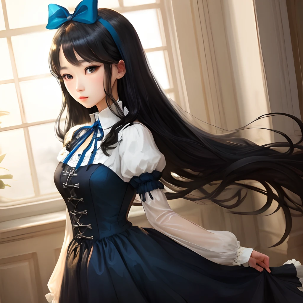 Superb black ta Blue ribbon at waist Long black hair Fantastic blue eyes