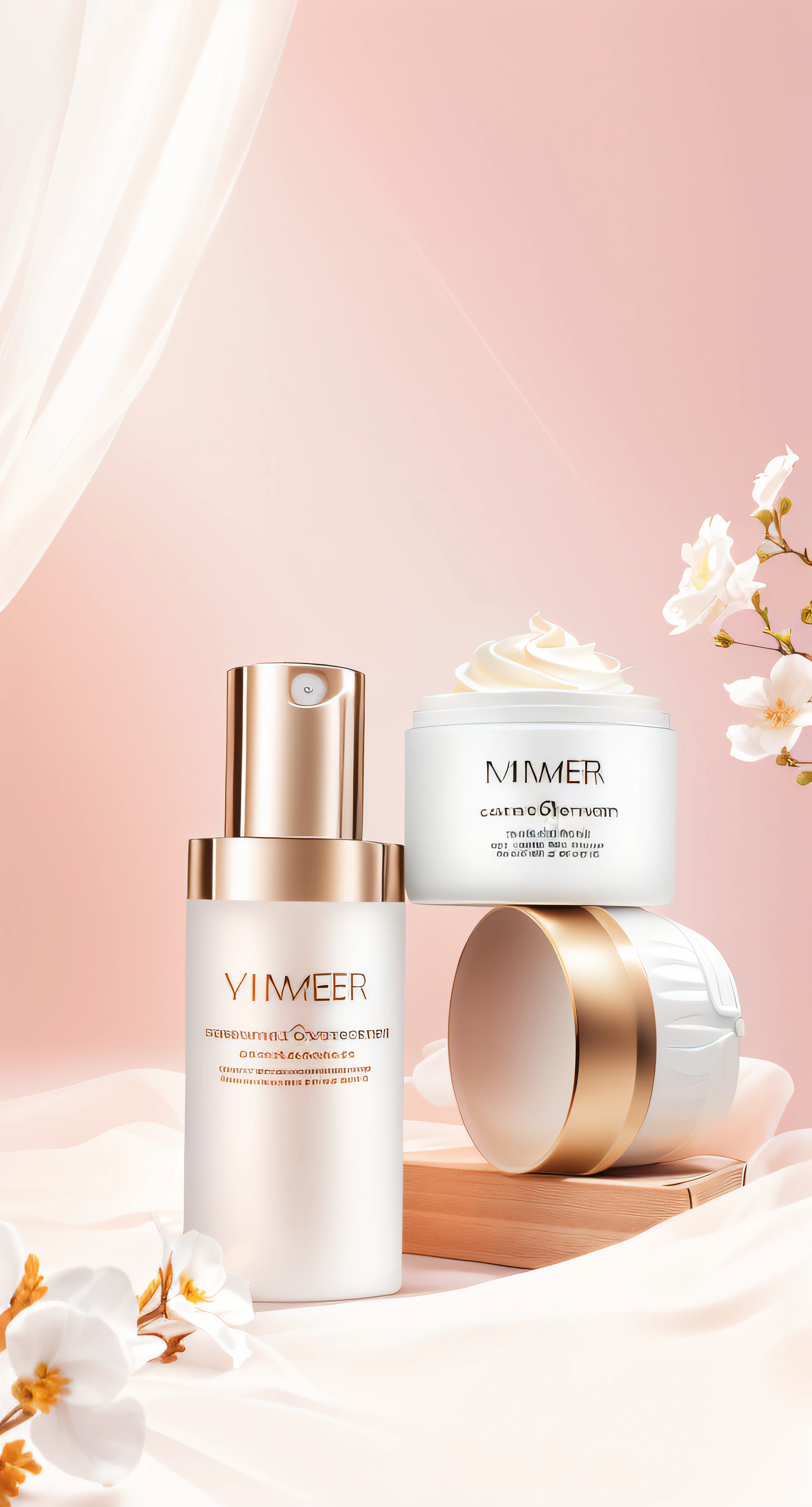Close-up of a bottle timer and a box of cream, Skincare, photoshoot for skincare brand, everlasting, skin care, Product photo, amber, product introduction photos, author:Yao Tingmei, high quality topical render, smooth glowing skin, by Yang J, ƒ5.6, professional product shot, Banner, Irregular, product introduction photos