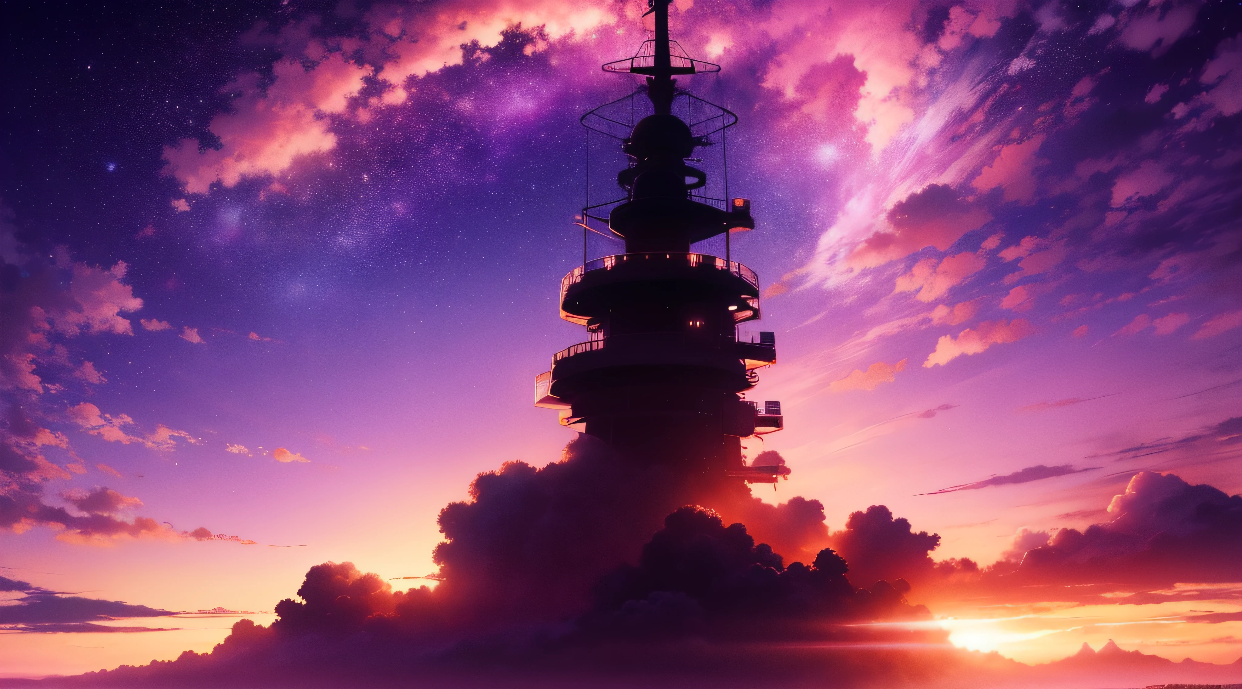 cosmic sky,Clouds,Sunset,Red and purple nebula,planetes,high-level image quality,Anime Drawing,animesque