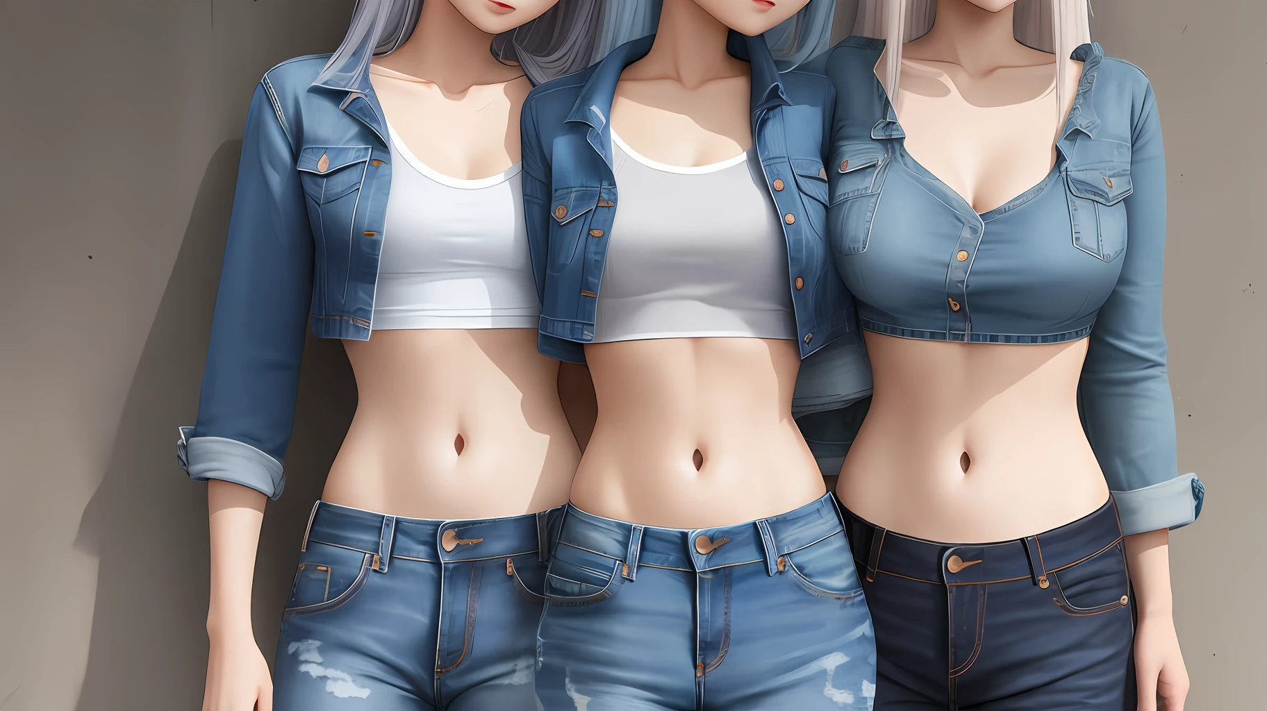 Crop topping，denim short，long whitr hair，mirai