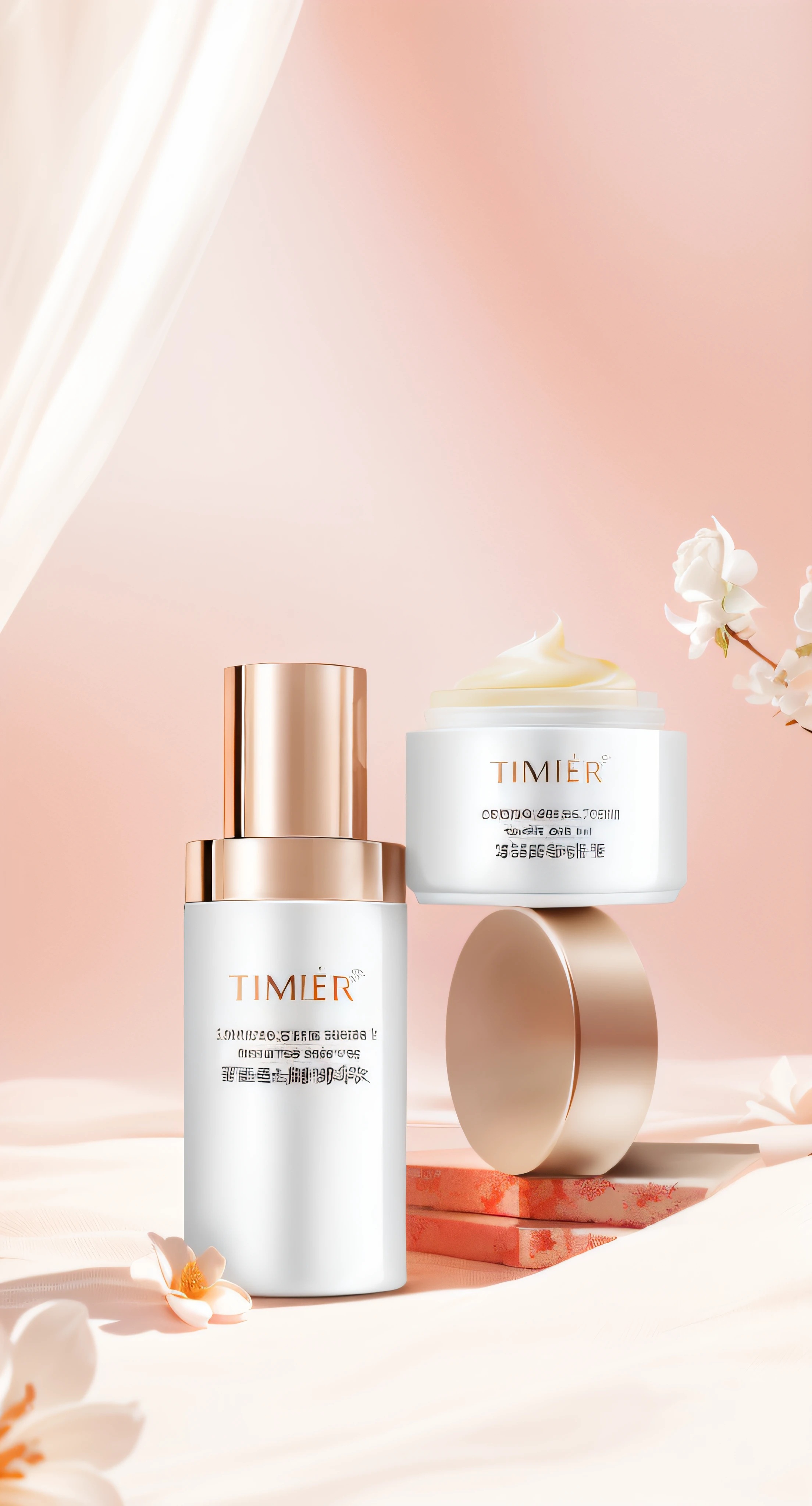 Close-up of a bottle timer and a box of cream, Skincare, photoshoot for skincare brand, everlasting, skin care, Product photo, amber, product introduction photos, author：Yao Tingmei, high quality topical render, smooth glowing skin, by Yang J, ƒ5.6, professional product shot, Banner, Irregular, product introduction photos