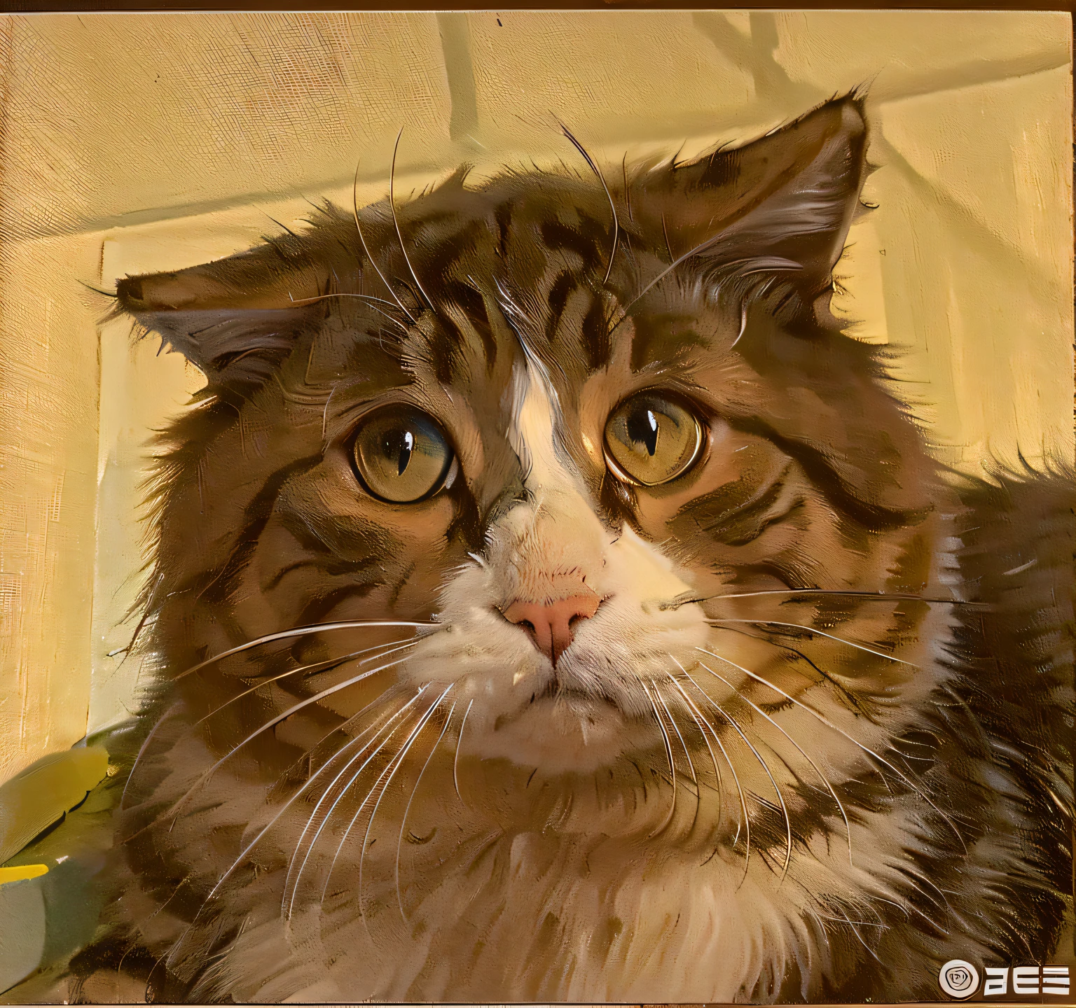 There is a cat sitting on the floor looking at the upper left corner, funny cat, Looking at the upper left corner, Look at the top left corner, A cute cat, The cat is fluffy, sad cat, It has a cute face, It is facing the lens head-on, awesome cat