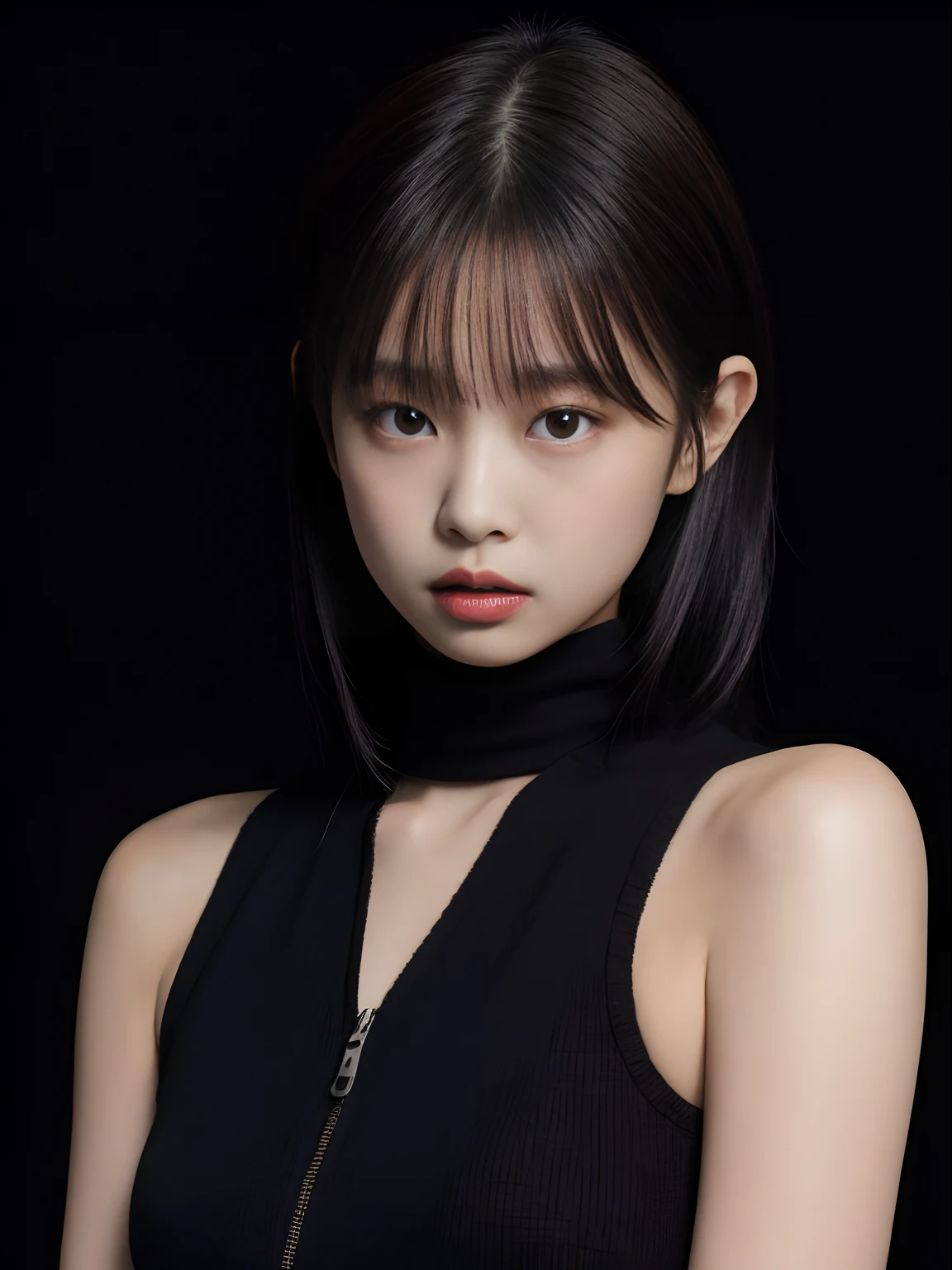 best quality, jjennie face shape, super high resolution, supermodel, (realism: 1 girl.8), RAW photo, 1 girl a girl, bare shoulders, wearing black vest, looking at the camera head-on, ID photo, sexy, black background, in the dark, deep shadow, understated, cold light