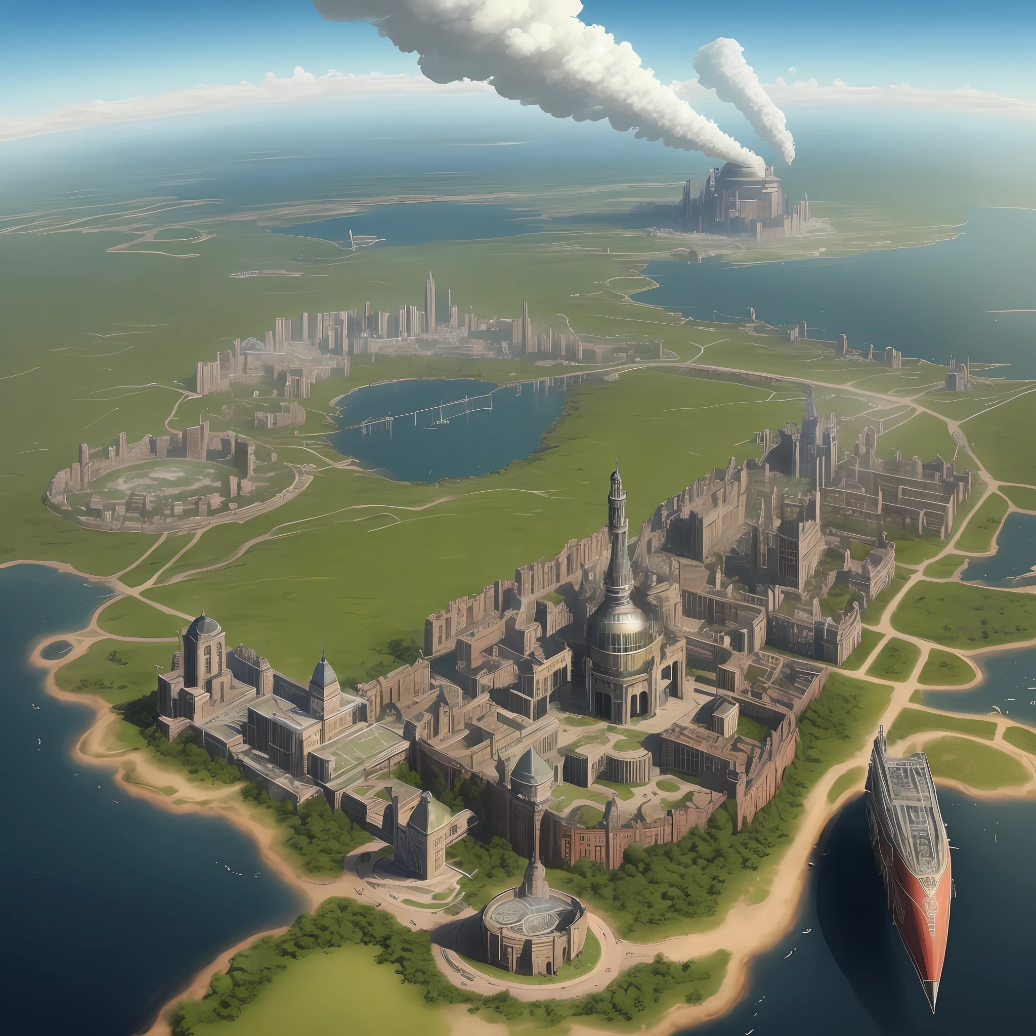 A territory with a diameter of nearly a kilometer sits on a high ground by the river。
It is a territory in standard steampunk style，Various buildings in the territory are erected，Metallic sheen。
From time to time, steam airships took off and landed from the territory square、Squads of steam mechs entered and exited the city gates，Prosperity is extraordinary。
