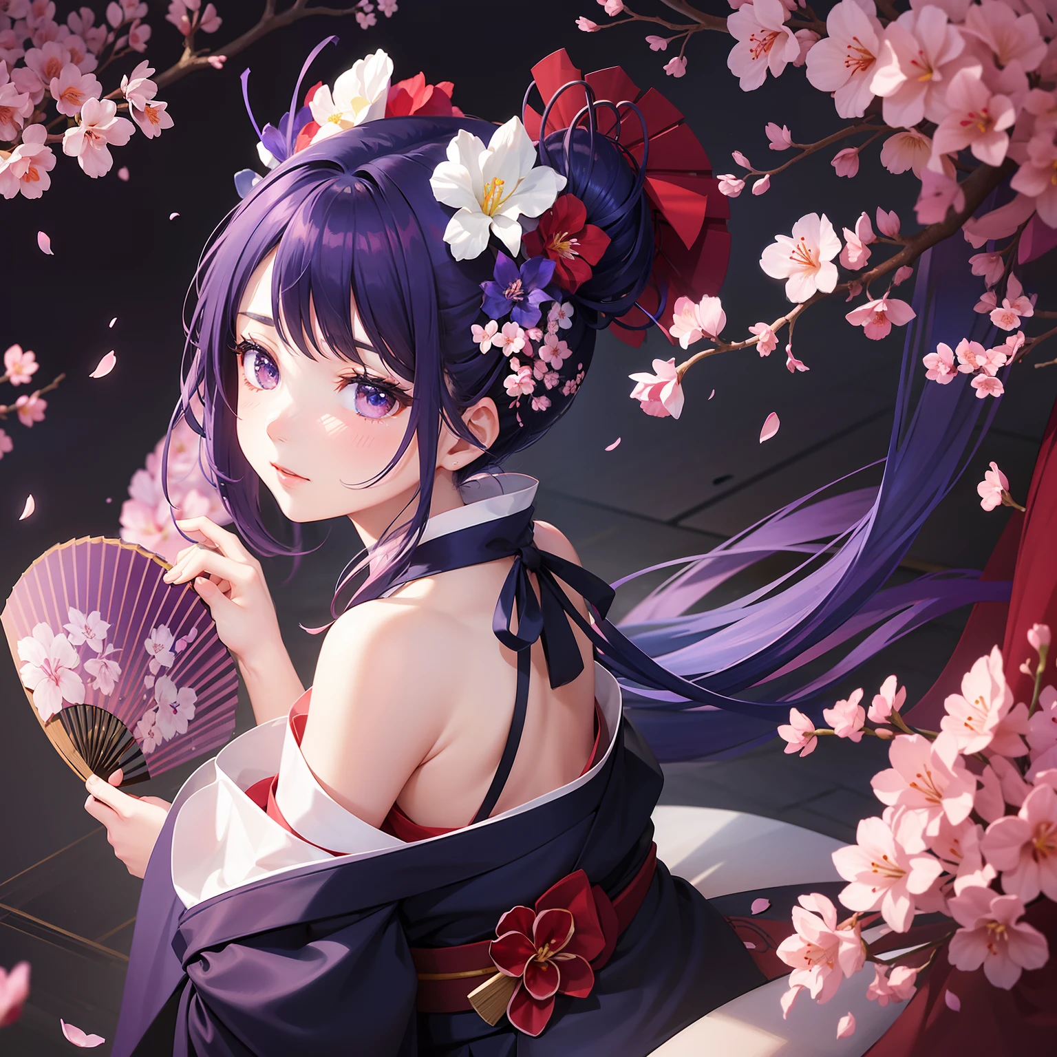 **shape**: Outline of the fan。
**designs**: Cherry blossoms and irises on a fan。
**femele**: Kimono silhouette behind flowers。
**Farbe**: reddish、navy blue、Cherry Blossom Pink、Purple of irises。