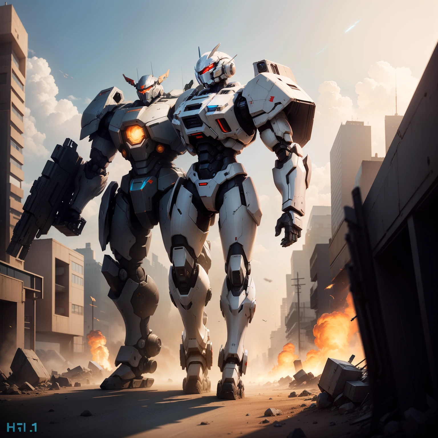 Masterpiece, Best Quality, Mecha, No Humans, (Full Body), (Black Armored Mech: 1.5), (Axisymmetry: 1.4), (HDR), (Cinematic Light: 1.1), Blue Eyes, Science Fiction, Fire, Laser Beam, War, Conflict, Destroyed City Background Armed with a weapon, (holding a huge weapon: 1.5), Holding a very large shield, Mecha Maiden,