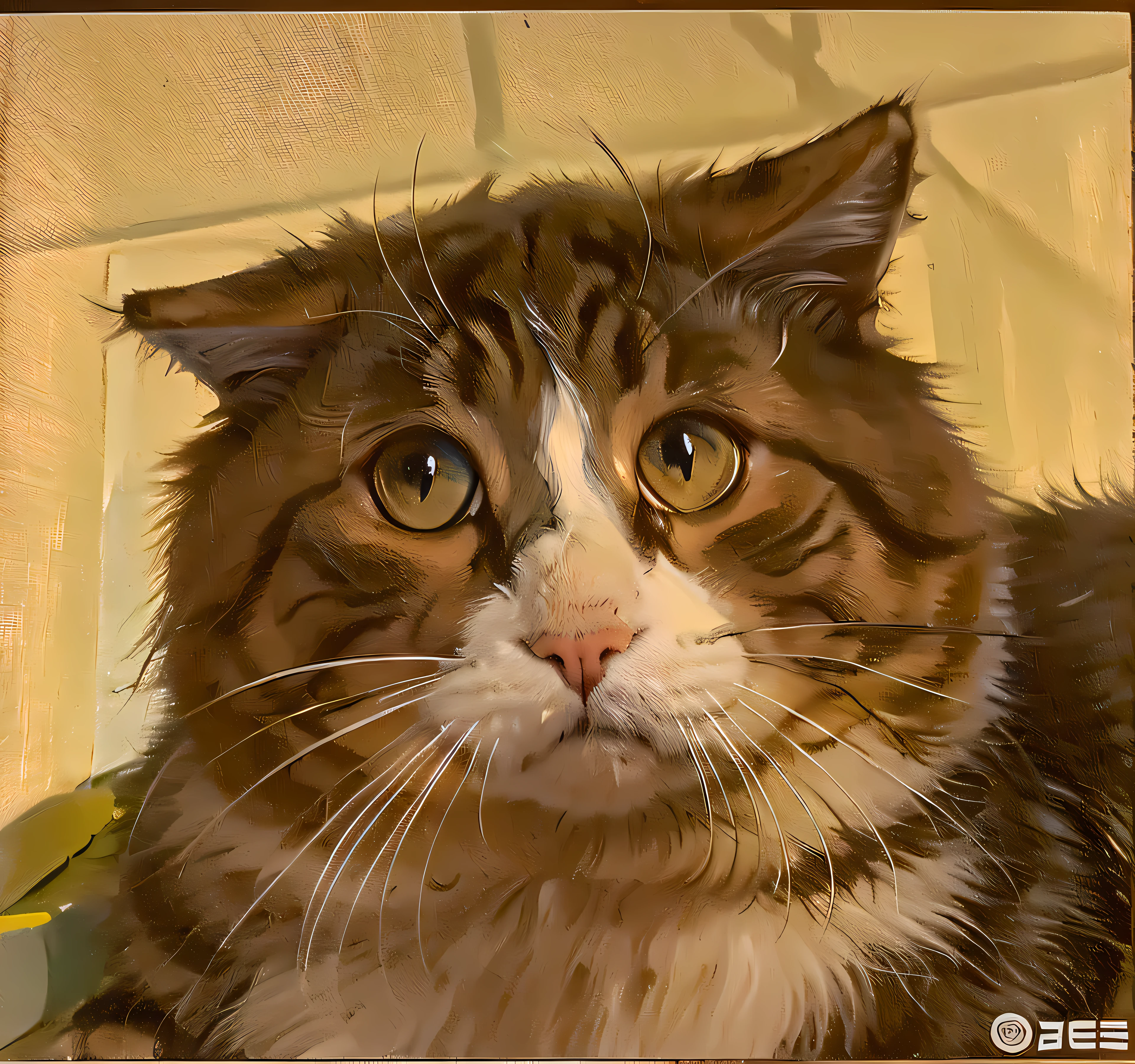 There is a cat sitting on the floor looking at the upper left corner, funny cat, Looking at the upper left corner, Look at the top left corner, A cute cat, The cat is fluffy, sad cat, It has a cute face, It is facing the lens head-on, awesome cat