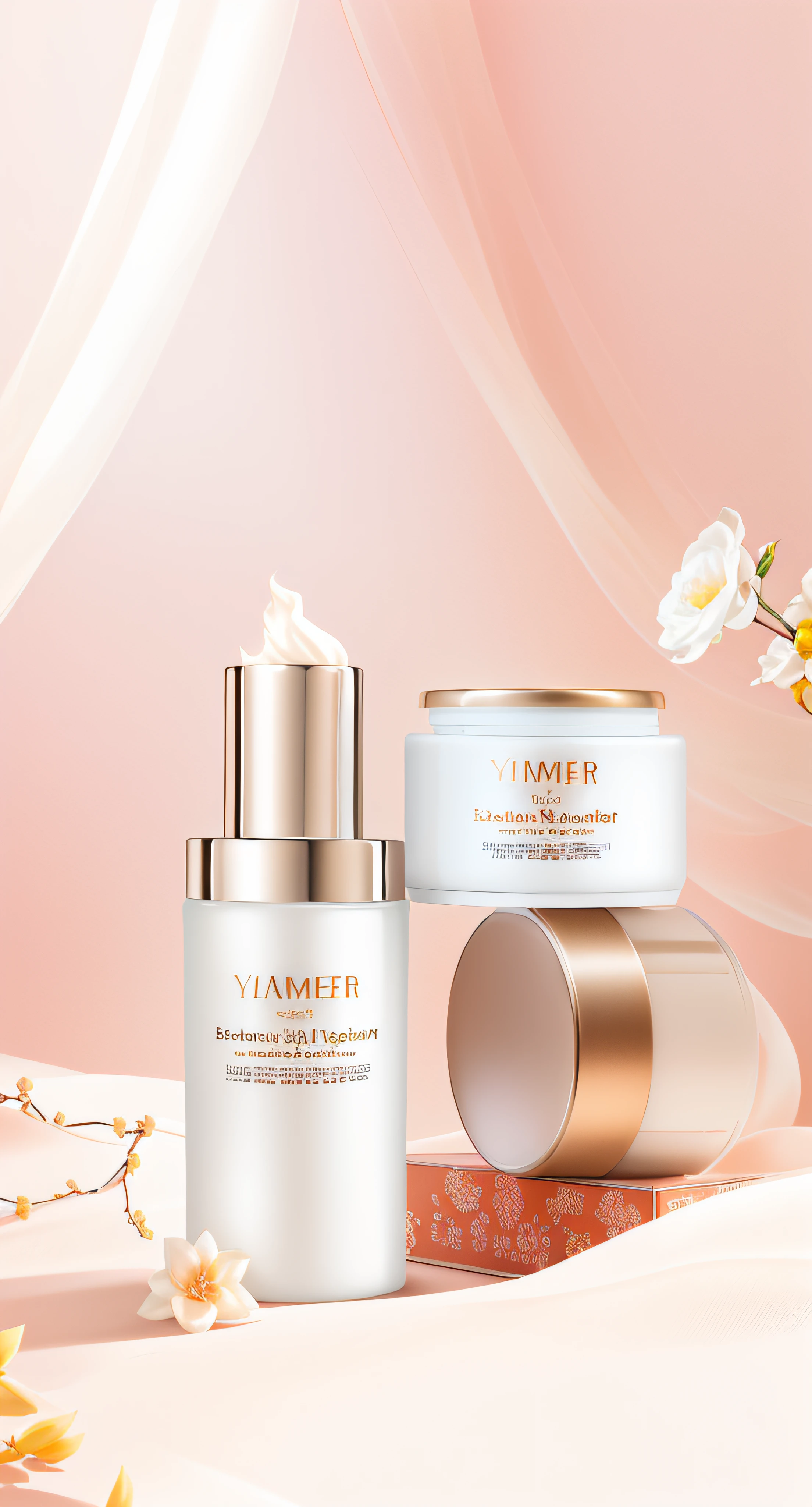 Close-up of a bottle timer and a box of cream, Skincare, photoshoot for skincare brand, everlasting, skin care, Product photo, amber, product introduction photos, author：Yao Tingmei, high quality topical render, smooth glowing skin, by Yang J, ƒ5.6, professional product shot, Banner, Irregular, product introduction photos