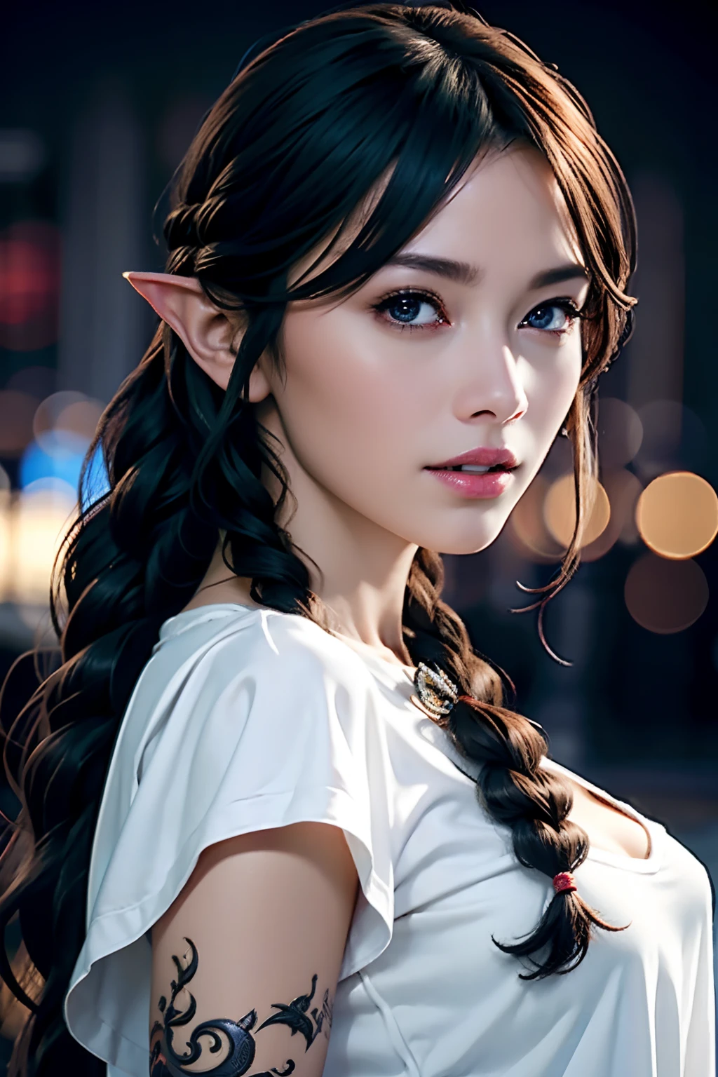 Ultra-detailed complex 3D rendering of face, (Colossal: 8.8), (masterpiece, top quality, octane rendering, 8K), glamour shot full body image, very beautiful young elf, cleavage, (very detailed skin: 1.2), (exposure: 1.1), brown-haired, ((wearing a plummeted open shirt of white silk: 1.10)), beautiful Caucasian woman with black skin with full soft breasts with big buttocks, Single, long braided hair, big breasts, dynamic angle, mystical expression, ultra-realistic photo, (((portrait)))), bare feet, futuristic urban background, facial muscles, detailed and beautiful queen gold crown, in the style of Marvel Comics, ArtStation trends, clear focus, studio photography, intricate details, very detailed, detailed red eyes, very detailed, Sharp Focus, Digital Rendering, Professional, Abs, Dark Grey Background,