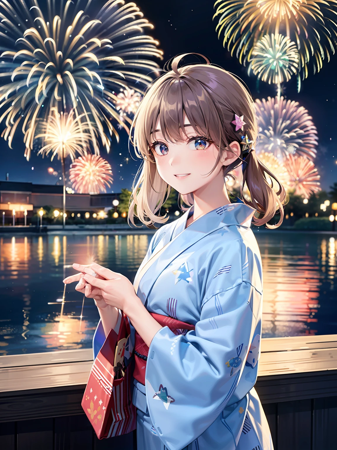 8K, Night, Shooting Star, Clouds, Floral Yukata, Yukata, 25 years old, Bright Colors, (Fireworks: 1.4), (New Year: 1.1), (Festival: 1.1), (Sharp Focus: 1.2), (Cowboy Shot: 1.2), (Smile: 1.1), (Teeth: 1.1), Bridge, Overlooking the Lake, (Water Reflection: 1.2), Glitter, Floating Particle, Colorful Particle, Lots of Fireworks
