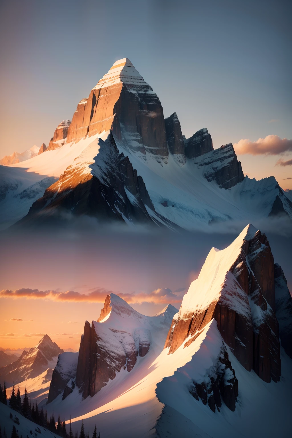 A majestic mountain, with snowy peaks and sunsets