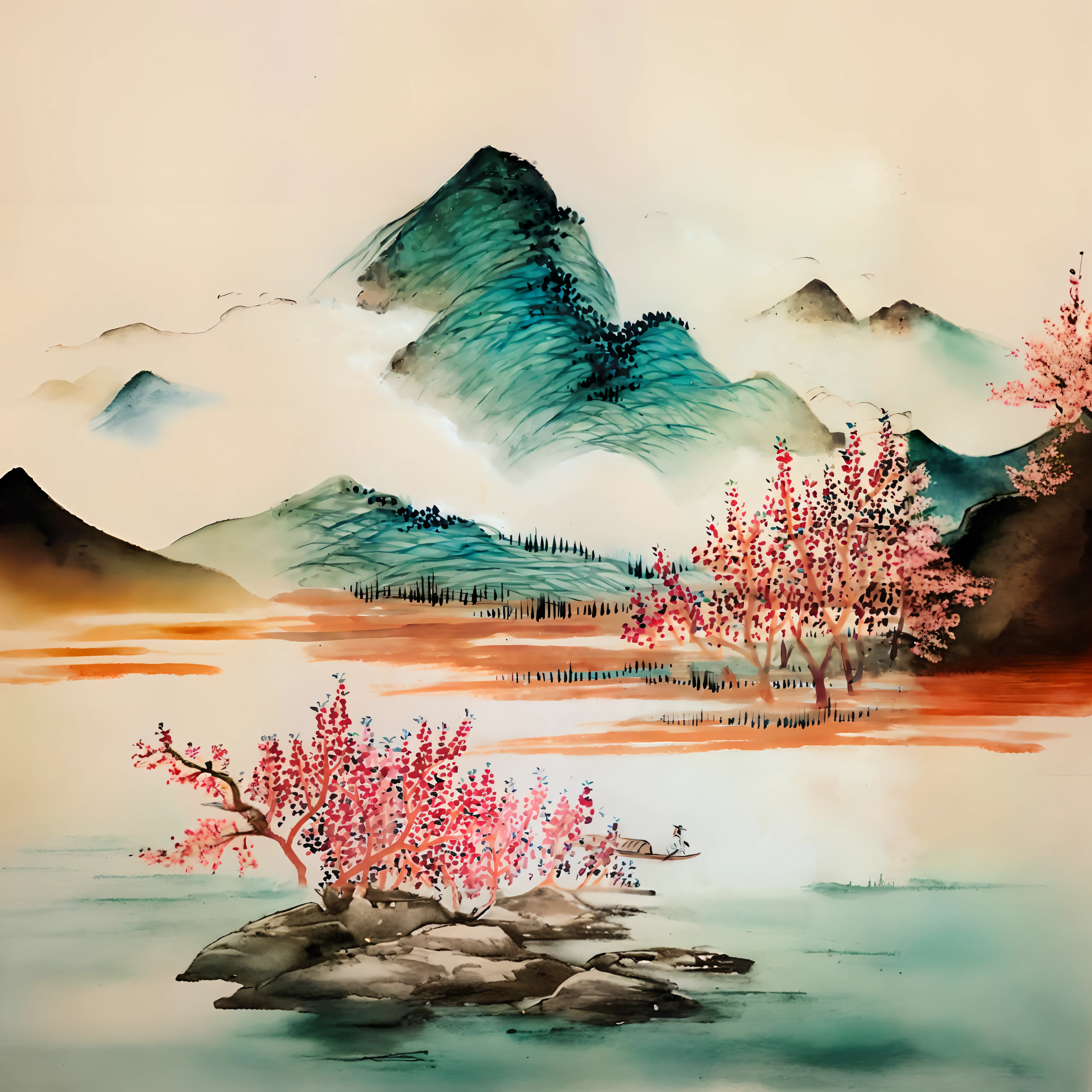 There is a painting of a mountain,There are boats in the water, Traditional Chinese painting, Chinese style painting, Traditional Chinese Ink Painting, Chinese painting style, Traditional Chinese watercolor, Chinese landscape, Chinese painting, Chinese watercolor style, Traditional Chinese art, Chinese ink painting, Japanese style painting, chinese water color, Chinese watercolor, China ink painting
