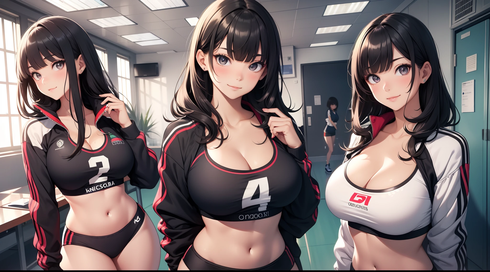 (Best quality:1.1), (Masterpiece:1.2), 5 girls,track suit,are standing,Highqualityshadow, Beautiful detailed, Beautiful face, Detailed eyes,Depth of field, A high resolution, Best shadow, Best illumination, Kizi, view the viewer, (Five-color hair:1.3),Brush cut,extra very short hair, Blunt bangs, Long hair, Black eyes, Shy, Large breasts, Miniskirt, Volleyball hall,inside in room,Exercise posture, Sunburn,Boo marker,cleavage,looks into camera,ssmile,closeup cleavage,Superskirt