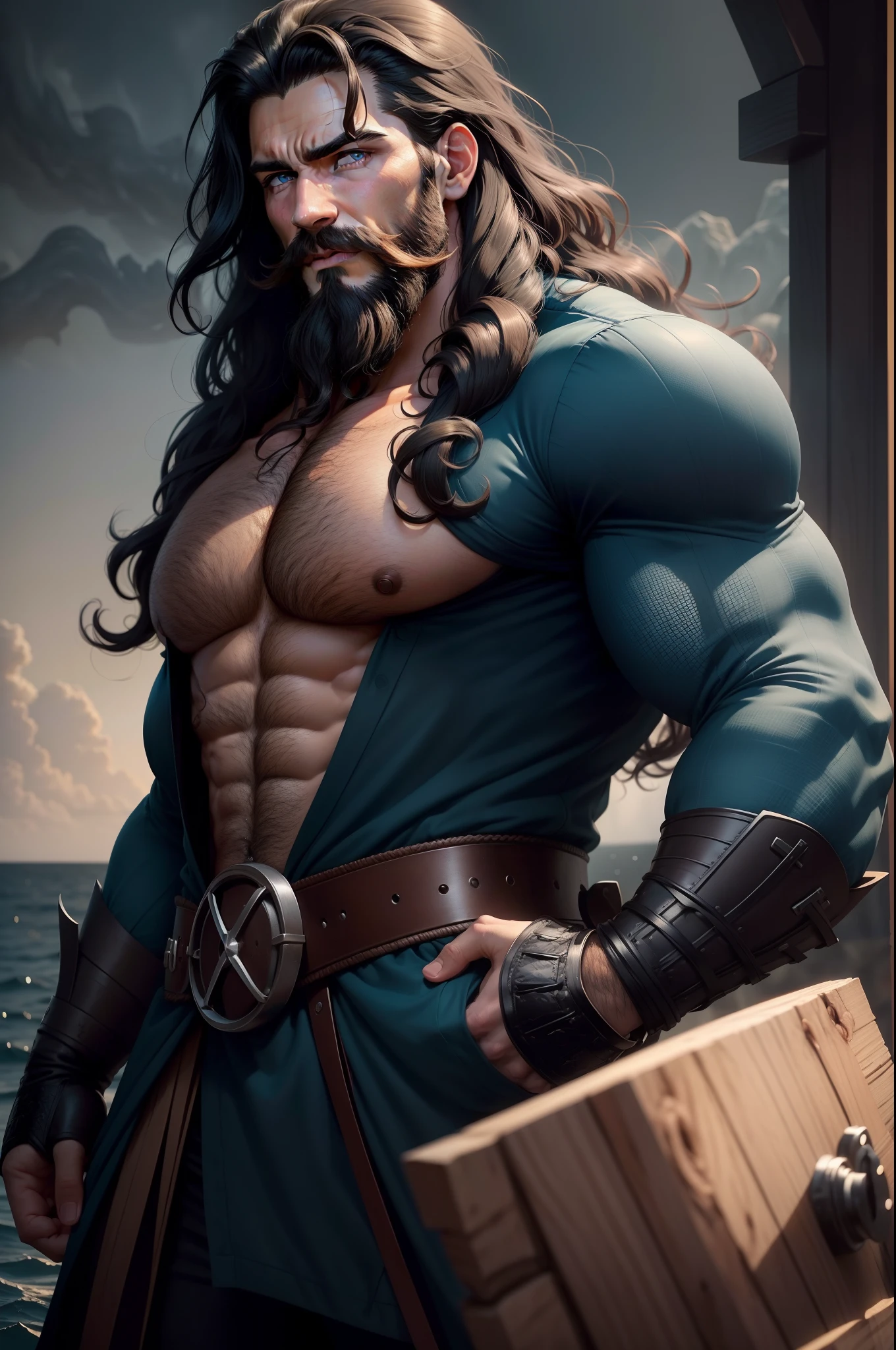 Handsome man, with long curly black hair, a full mustache, and a beard. Strong medium build, dark ocean blue eyes, a look of mischief.