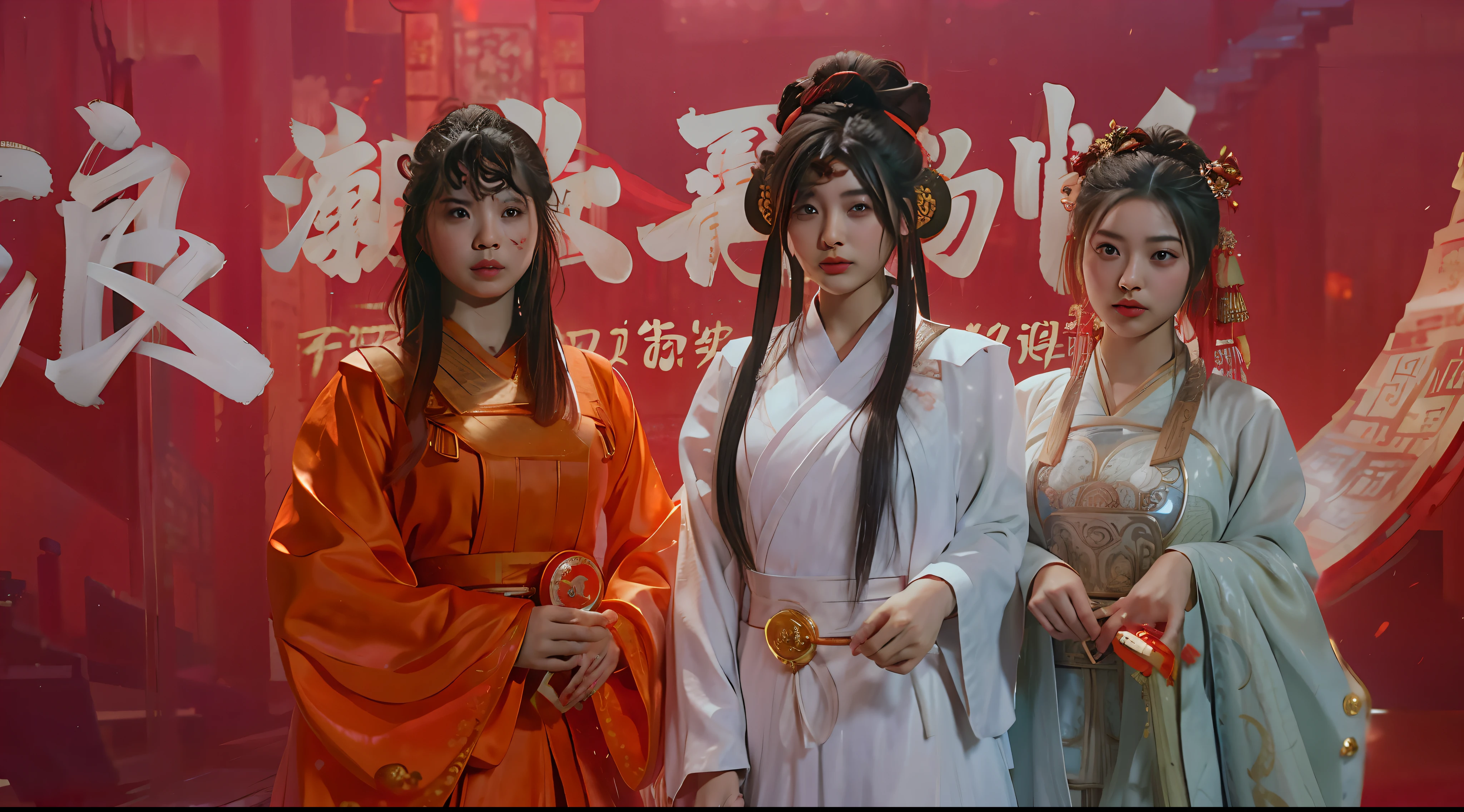 Three women dressed in traditional Chinese costumes stand by the red wall, Wearing ancient Chinese clothes, Hanfu, Chinese costume, Red robes, Traditional Chinese clothing, flowing hair and long robes, with acient chinese clothes, in red robes, Wearing a red cheongsam, White Hanfu, Chinese style, robes with golden characters, Anime cosplay, cosplay award winner