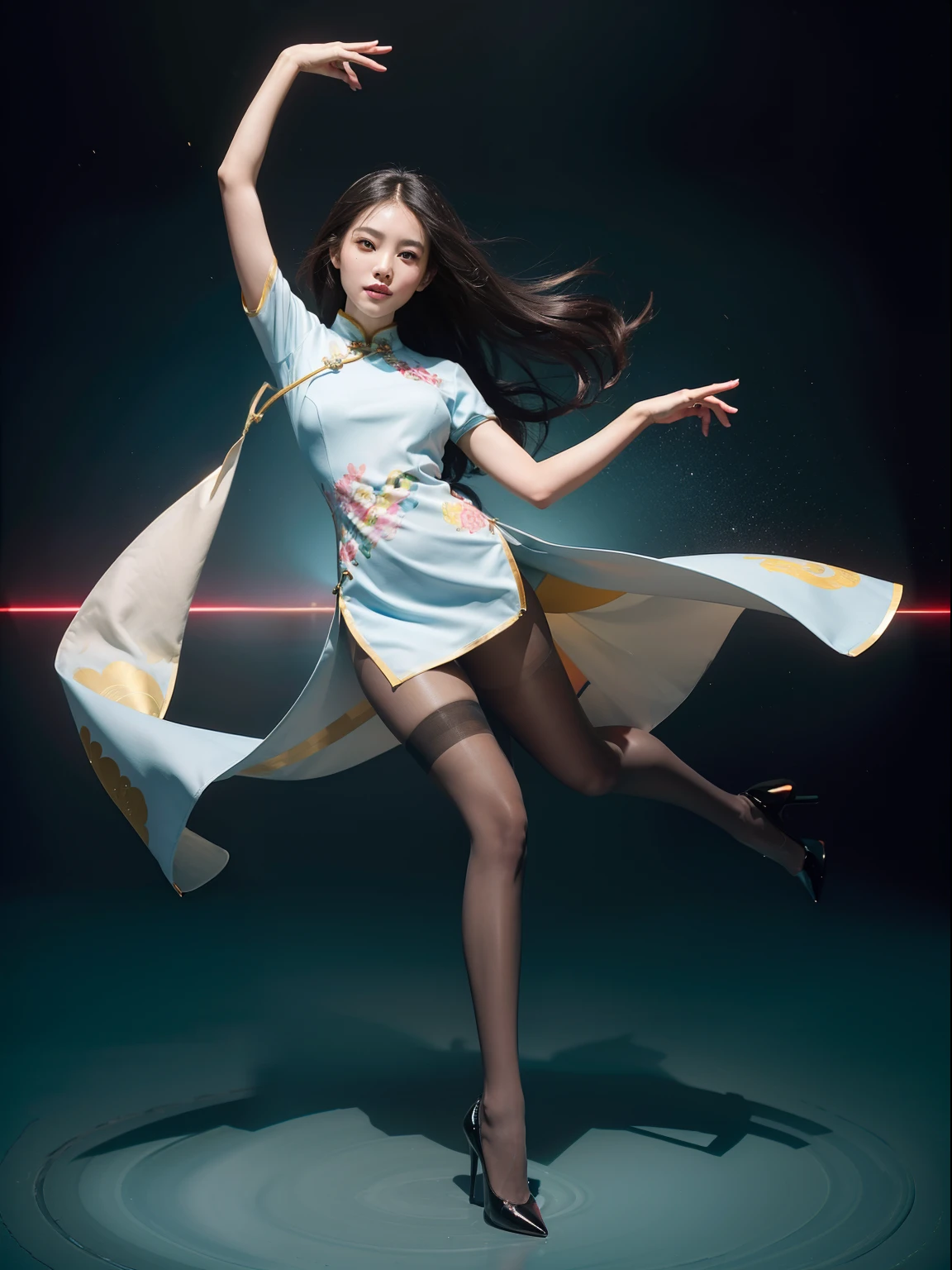 (full body:1.5)，(looking at viewer:1.4)，(anatomy correct:1.3)， (Wearing Pantyhose, pointed toe high-heeled, and Republic of China cheongsam:1.2), Dancing in the water:1.2),(In pink|amarelo|blue colors|green color|red colour|white colors|black in color|purpleish color|greys|Beige|Flesh color 1.4)，(Accurate and perfect face:1.4),A shallow laugh,,hyper HD, Ray traching, reflective light，structurally correct, Award-Awarded, high detal, lightand shade contrast, Face lighting，cinmatic lighting, tmasterpiece, super detailing, high high quality, high detal, best qualityer, 16k，high contrast,