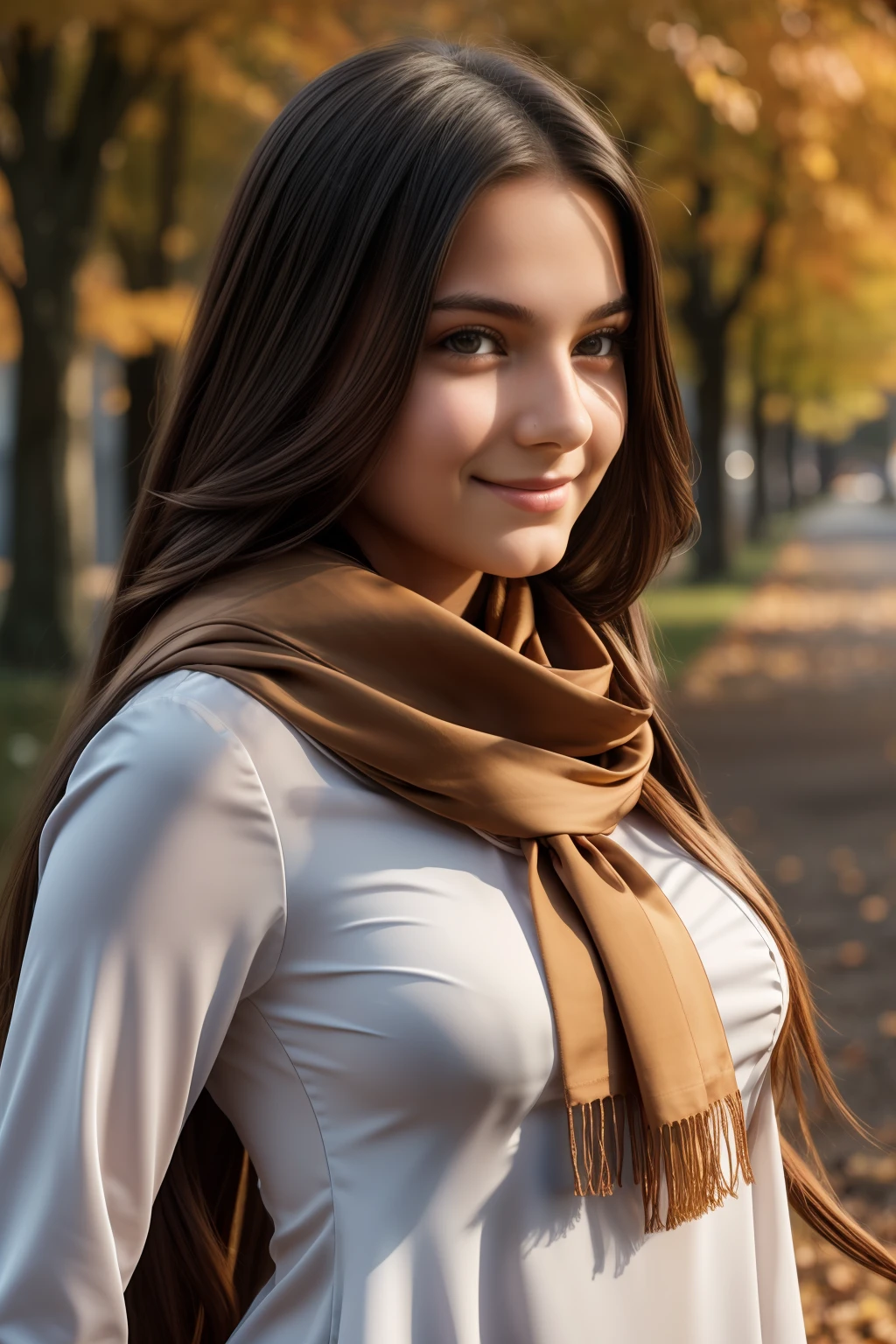 Photography of a beautiful age girl, long flowing hair, (((heavy bust))), wearing a thick autumn blouse, long scarf, gazing smile at the camera, symmetrical eyes, symmetrical face, photorealistic, photography, path tracing, specular lighting, volumetric face light, path traced hair, visible shadows, shadow mapping, glossiness map, visible reflections