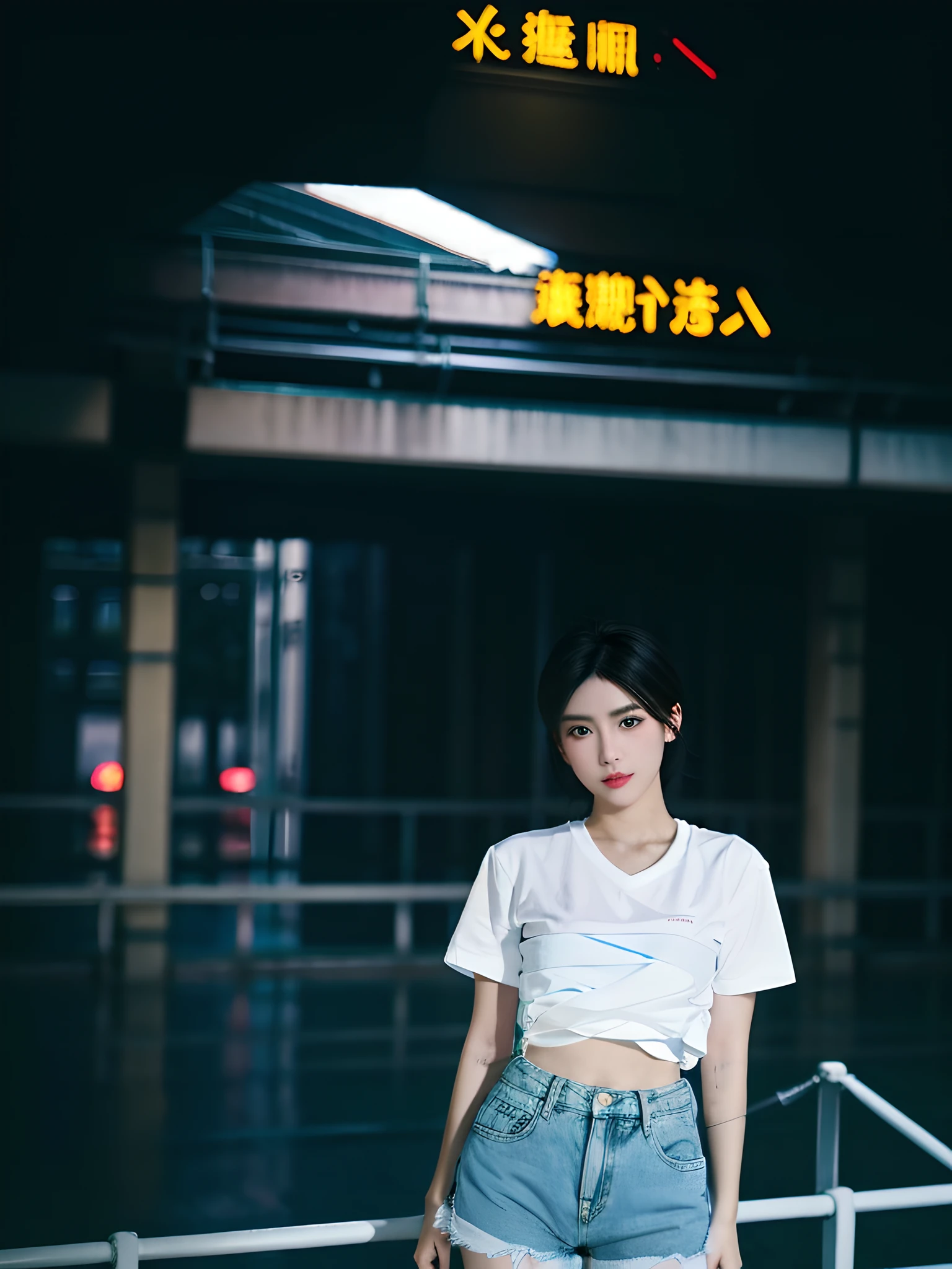 1girl, short black hair, blue eyes, wearing plain white shirt, denim shorts, city, tokyo, neons, absurdres, high res, ultrasharp, 8K, masterpiece, looking at viewer