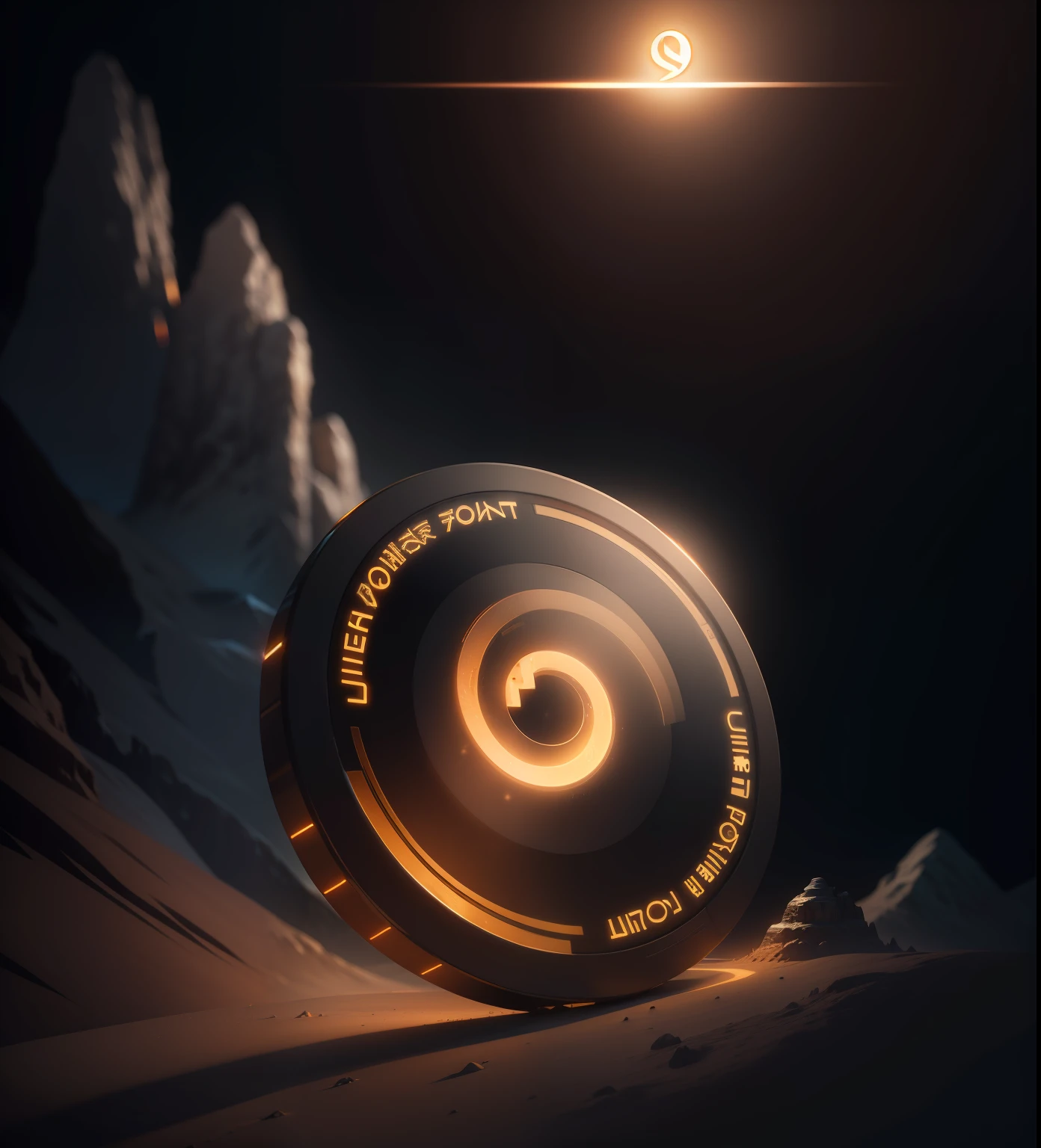 a lit up coin in the middle of a mountain, a stock photo by Andries Both, trending on unsplash, serial art, quantum wavetracing, black background, vray Realistic