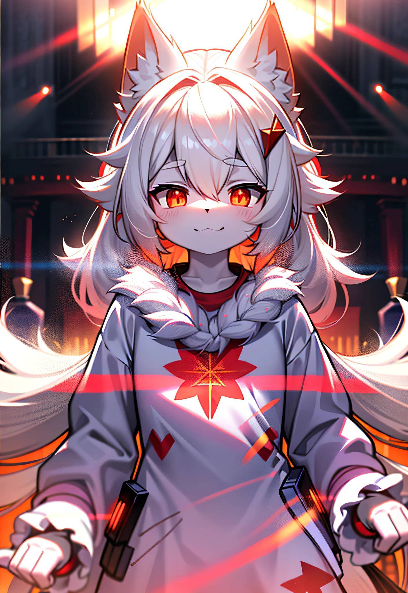 hairy pubic,Long hair,White fur,hyper cute face,Red element on fur,Glowing T-shirt,Beautiful lights and shadows,ambient lights,Ultra-fine fur,volumettic light
