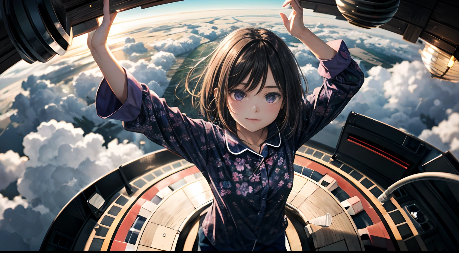 Expansive landscape photograph，（look from down，Above is the sky，Below are open fields），（Beautiful girl flying in the clouds：3)，（The whole body flies in the air：2），（Wear pajamas with white floral patterns and a loose fit：2)，（Saturn：1.2），（meteors：0.9），（Starcloud：1.3），Far Mountain, Tree BREAK making art，（Warm light source：1.2），（glowworm：1.2），lamp lights，Lots of purple and orange，Complicated details，Volumetric lighting BREAK（tmasterpiece：1.2），（best qualtiy），4K，ultra - detailed，（dynamic compositions：1.4），detail-rich，plethora of colors，（Irridescent color：1.2），（with light glowing，Atmospheric lighting），dream magical，magical，（独奏：1.2）