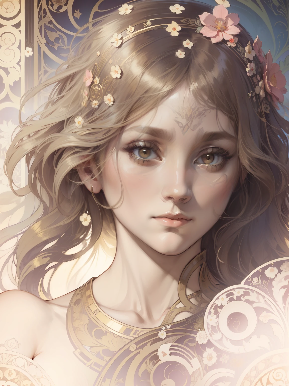 face portrait of a  European female , long curly hair, blond, floral frame, Decorative panels, abstract
artistic, by Alphonse Mucha
(Masterpiece, Best Quality, Highres:1.4), Detailed, Intricate Details, 4K, color splashes, line art,   fibonacci,