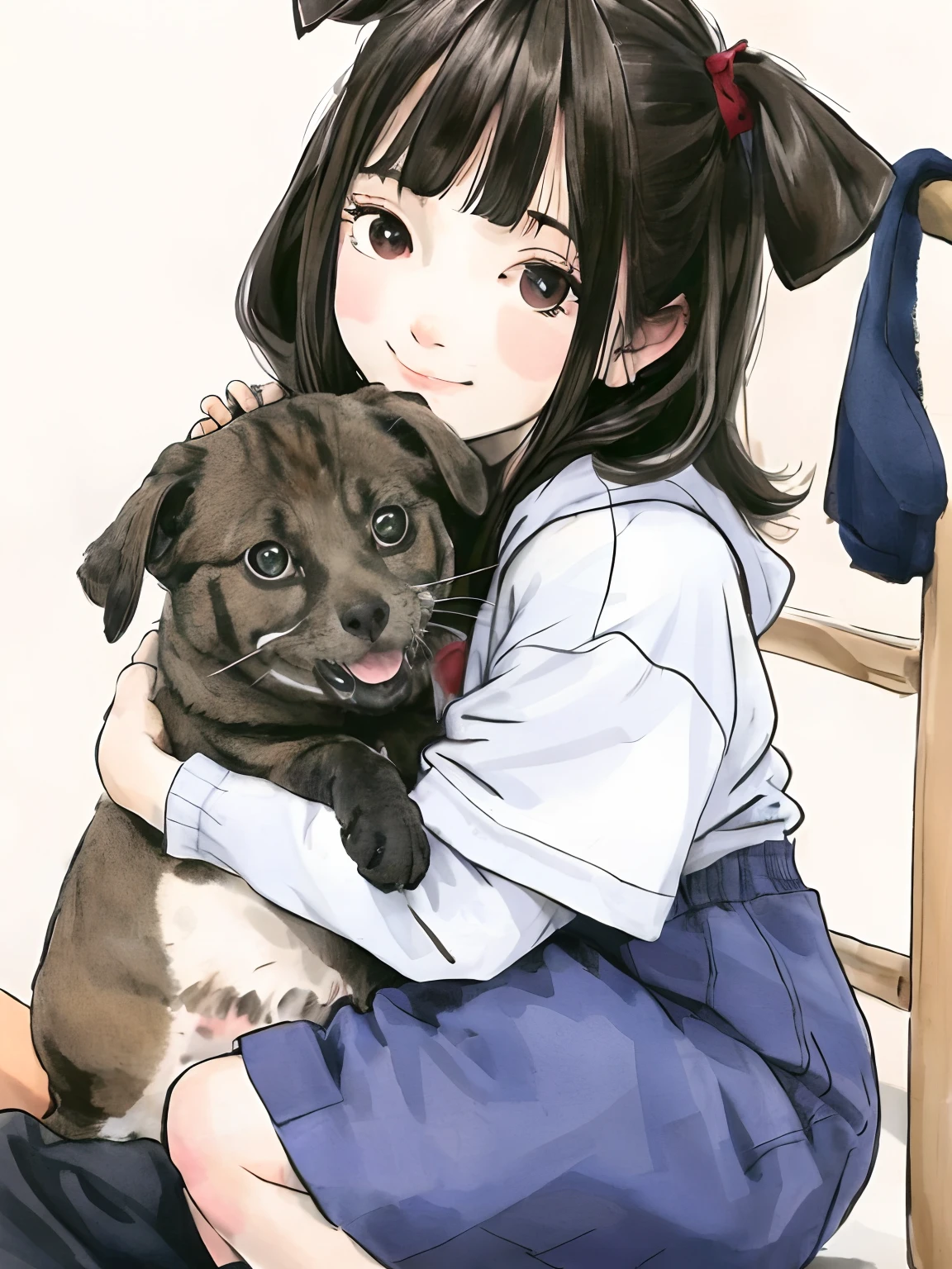 a girl hugging a dog with two cats