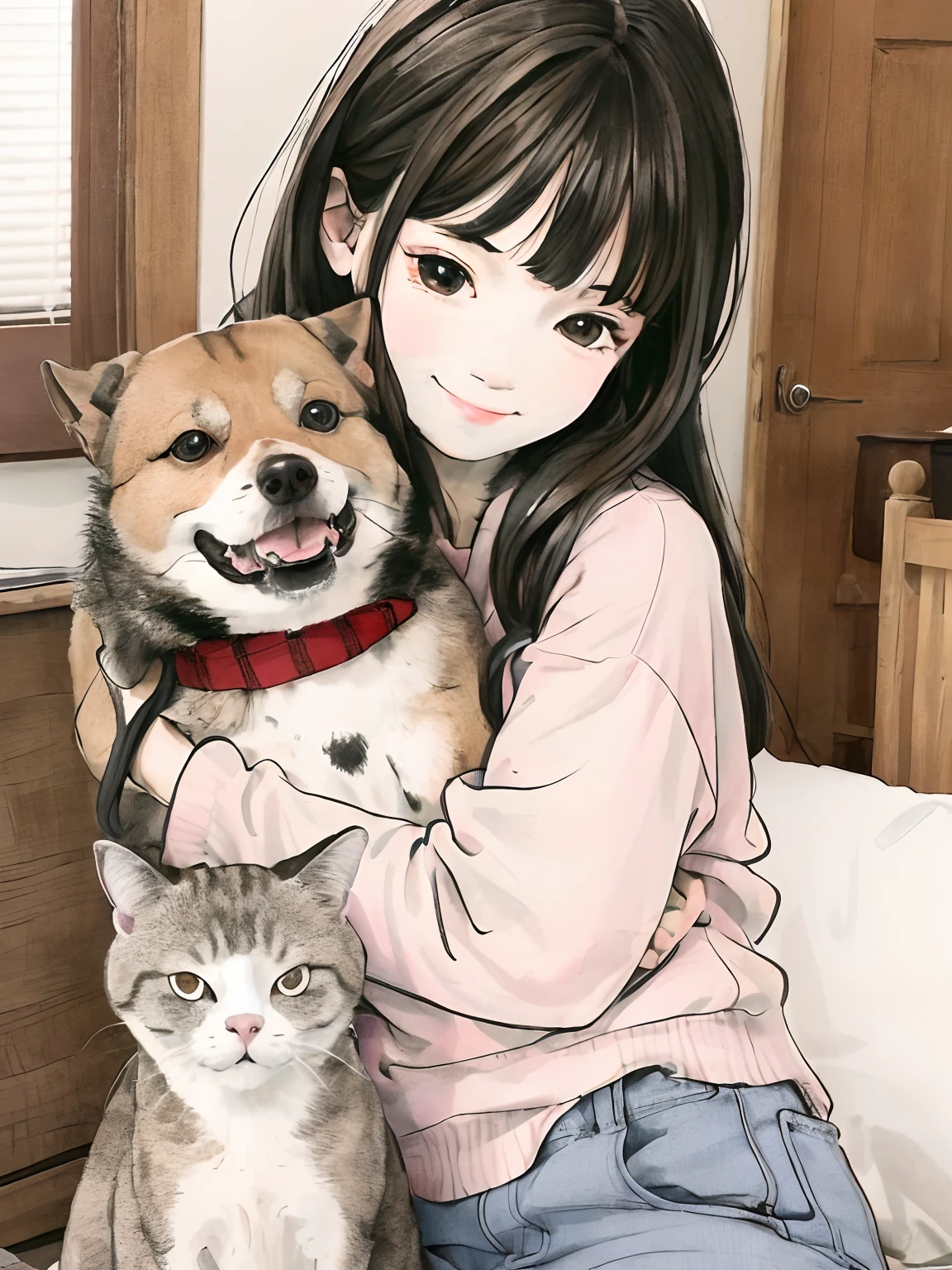 a girl hugging a dog with two cats