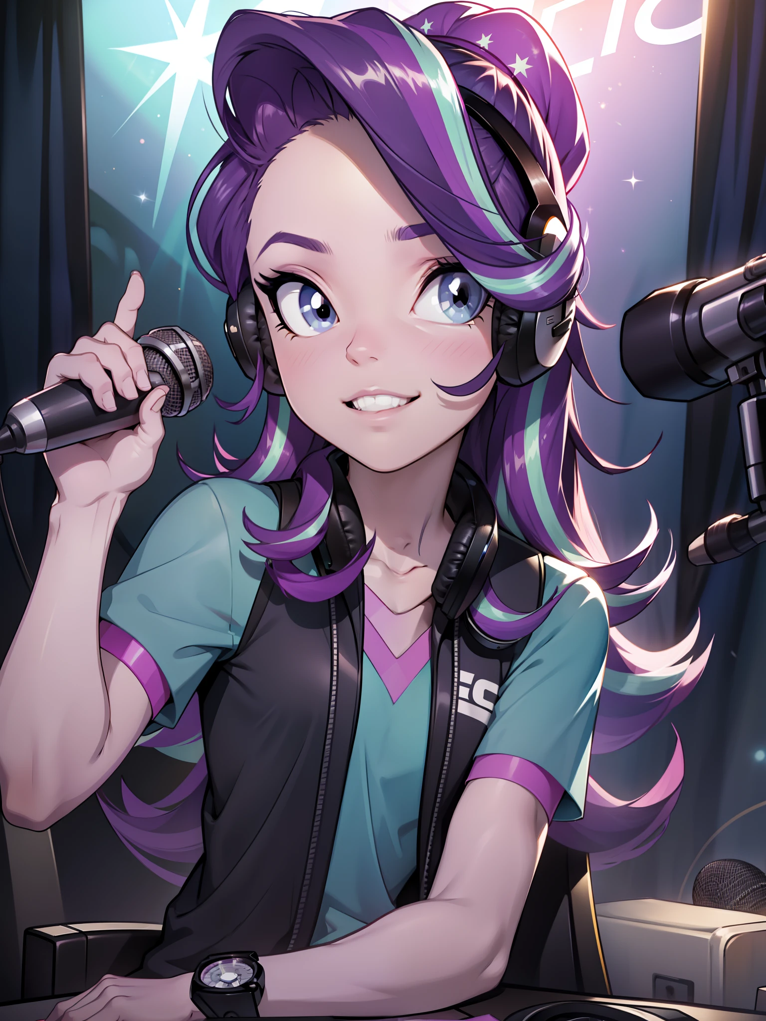 Starlight Glimmer, radio studio, equstrial girls, long hair, Luxurious hairstyle, looking at the front, headphone, speaking to microphone