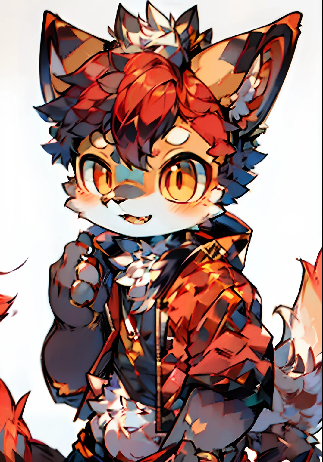 eyes with brightness,Bust photo of the character,Q version，头像框， Character focus，独奏, shaggy, Furry male cat, White fur for men, red color eyes, No hair，Loli style，Little cute， Will sell moe，Wear black clothes and pants
