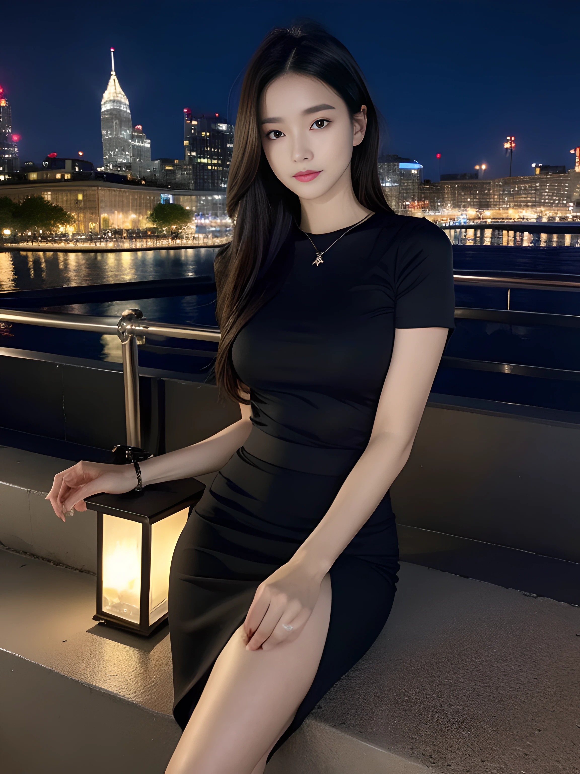 ((midynight, Acura, 8K, tmasterpiece: 1.3)), full bodyesbian, long leges, Focalors: 1.2, perfect figure beautiful woman: 1.4, Slim abs: 1.1, (dark brown hair,: 1.2 )), (Crystal blue skinny T-shirt, short skirt,sitting on a stool: 1.2), (city night scene, the roof: 1.3)), Highly Detailed Face and Skin Textur, detailedeyes, 二重まぶた,