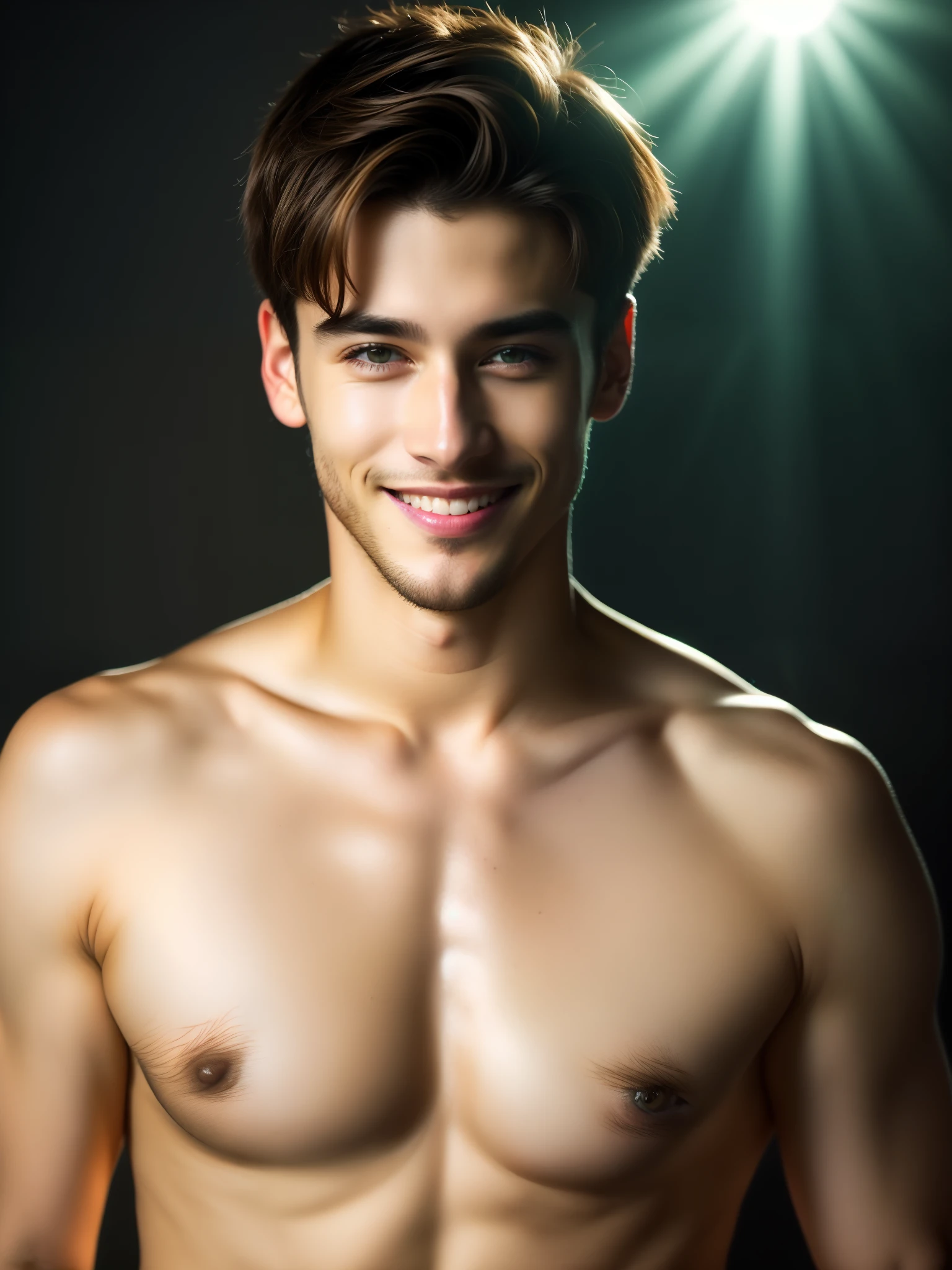 night scene, close up photo of a sexy naked gay man, posing, look at a camera and smile, blackhair, (green eyes:0.8), handsome young face, 18 yo, soft volumetric lights, (backlit:1.3), (cinematic:1.3), intricate details, (ArtStation:1.2)