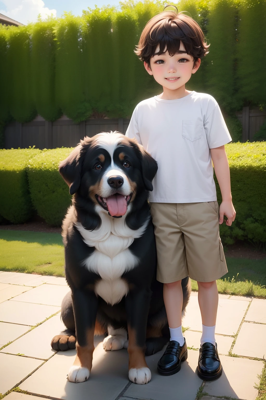 Boy and dog playing in the garden、Dogs are bigger than humans:1.5,Adult dogs:1.5(Bernese Mountain Dog、The large、Adult dogs)、Male child(5years old、Infant body type、A dark-haired、short-cut、A smile full of eyes)