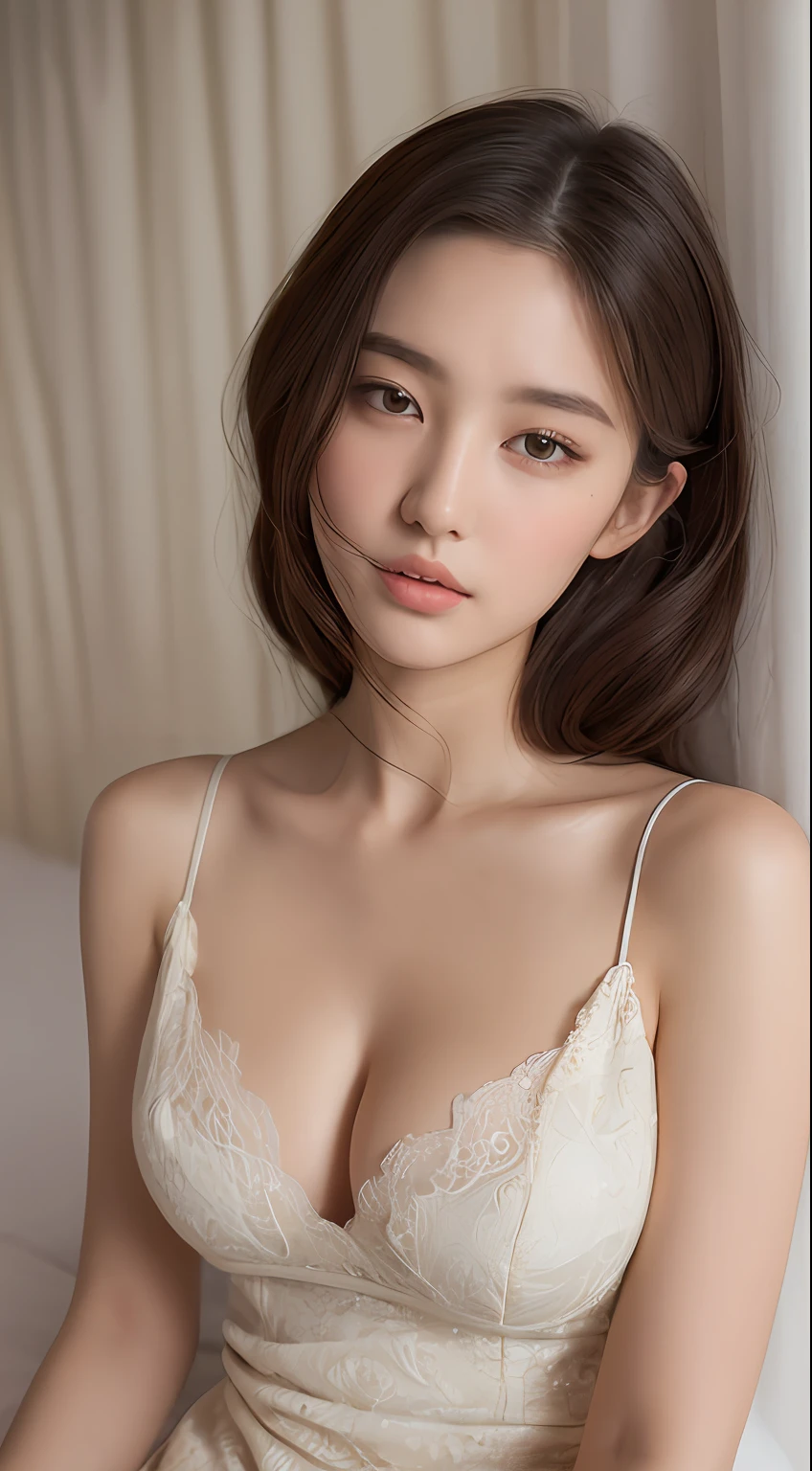 ((Top quality, 8k, Masterpiece: 1.3)), beauty, hidden face, 1 girl, beauty: 1.3, slender abs: 1.1, beautiful clothing, random hairstyle, (sitting on bed), ultra-detailed face, highly detailed lips, detailed eyes, double eyelids, exposed cleavage,