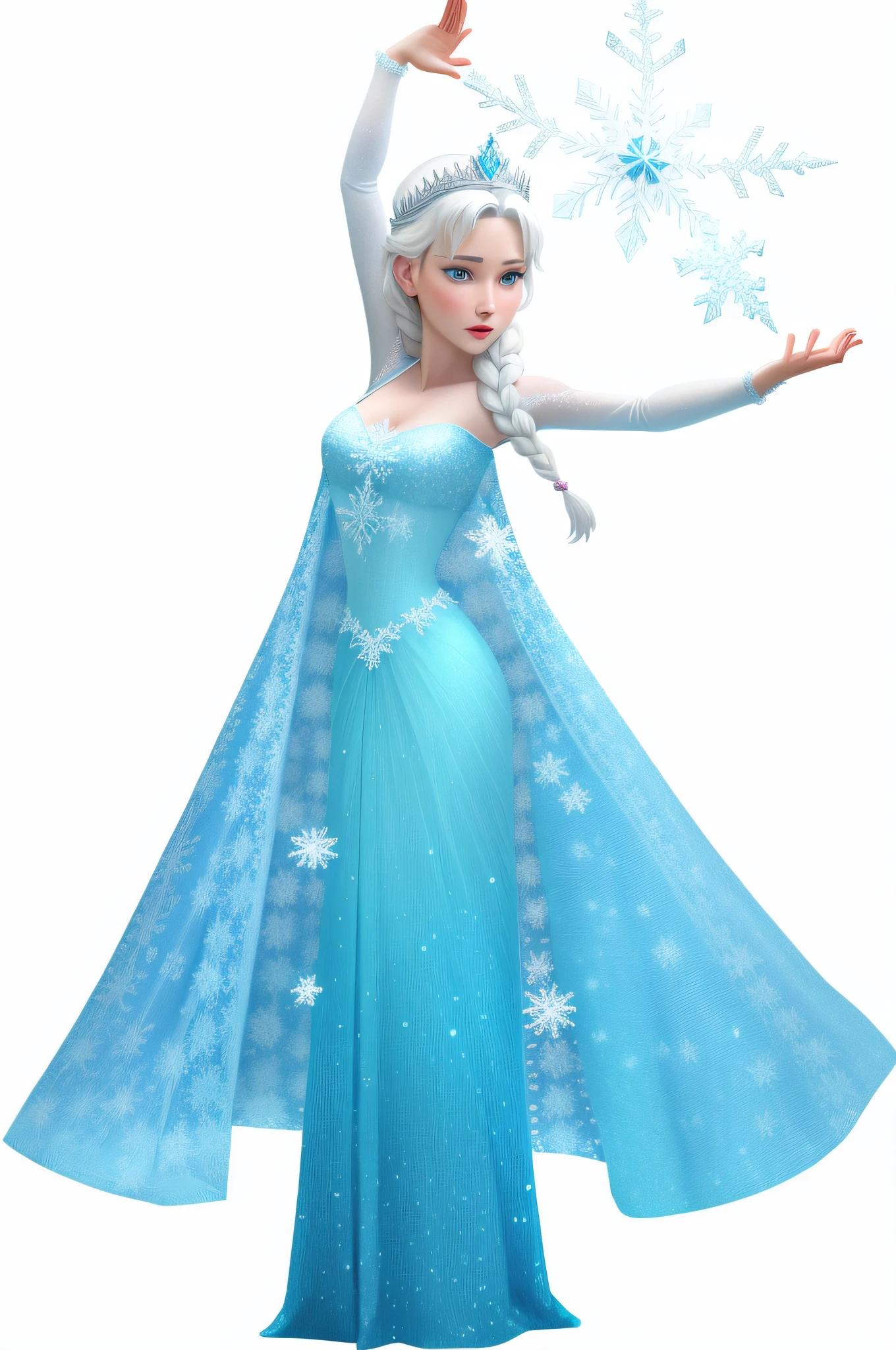 A woman in a blue dress holds a snowflake,Women are giving，frozen like a statue, queen of ice, a blue dress, Frozen, She has pink skin!!!, queen of ice and storm, frozen klaus film