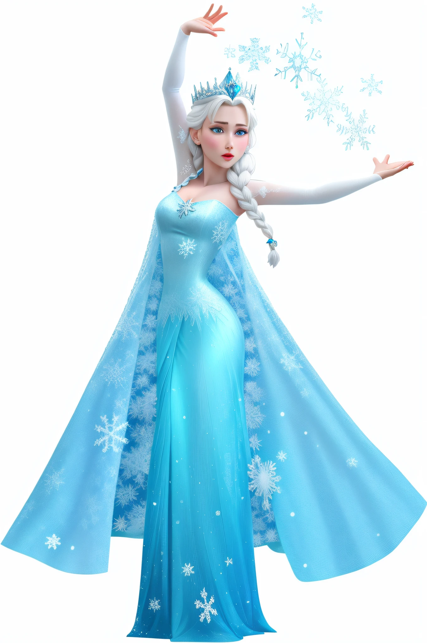A woman in a blue dress holds a snowflake,Women are giving，frozen like a statue, queen of ice, a blue dress, Frozen, She has pink skin!!!, queen of ice and storm, frozen klaus film