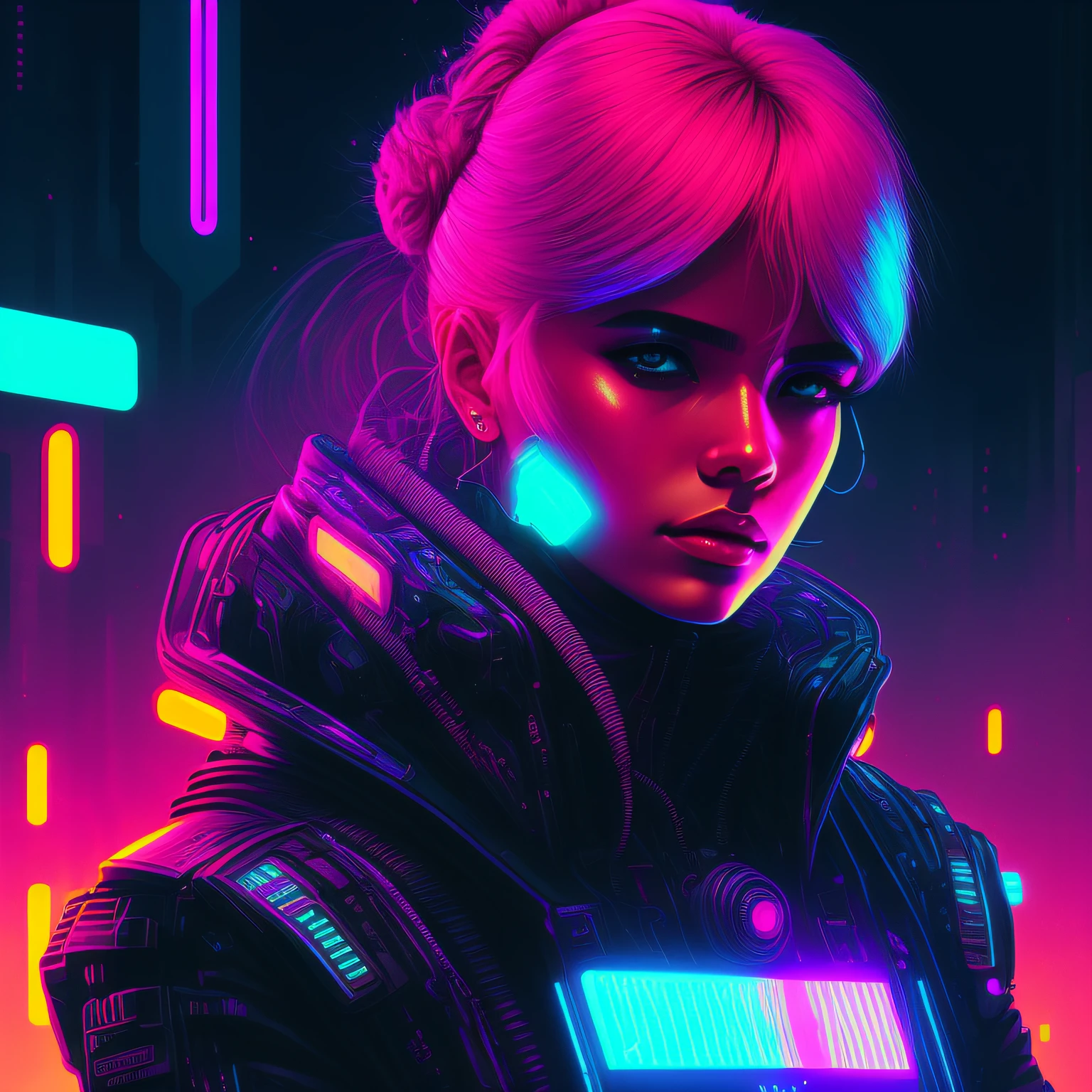 komi, Who knows, Follow my lead, Portrait in cyberpunk style, Futuristic (neons: 1.1) Reflective wear, Science fiction. Altgern, Art Book, Illustration, ((dark environment)), ((Bennett)), ((nffsw)) ((Minimal color palette)), Soft tones, Soft colors, Faint color, Calm, Highly detailed pastel colors, Intricate details